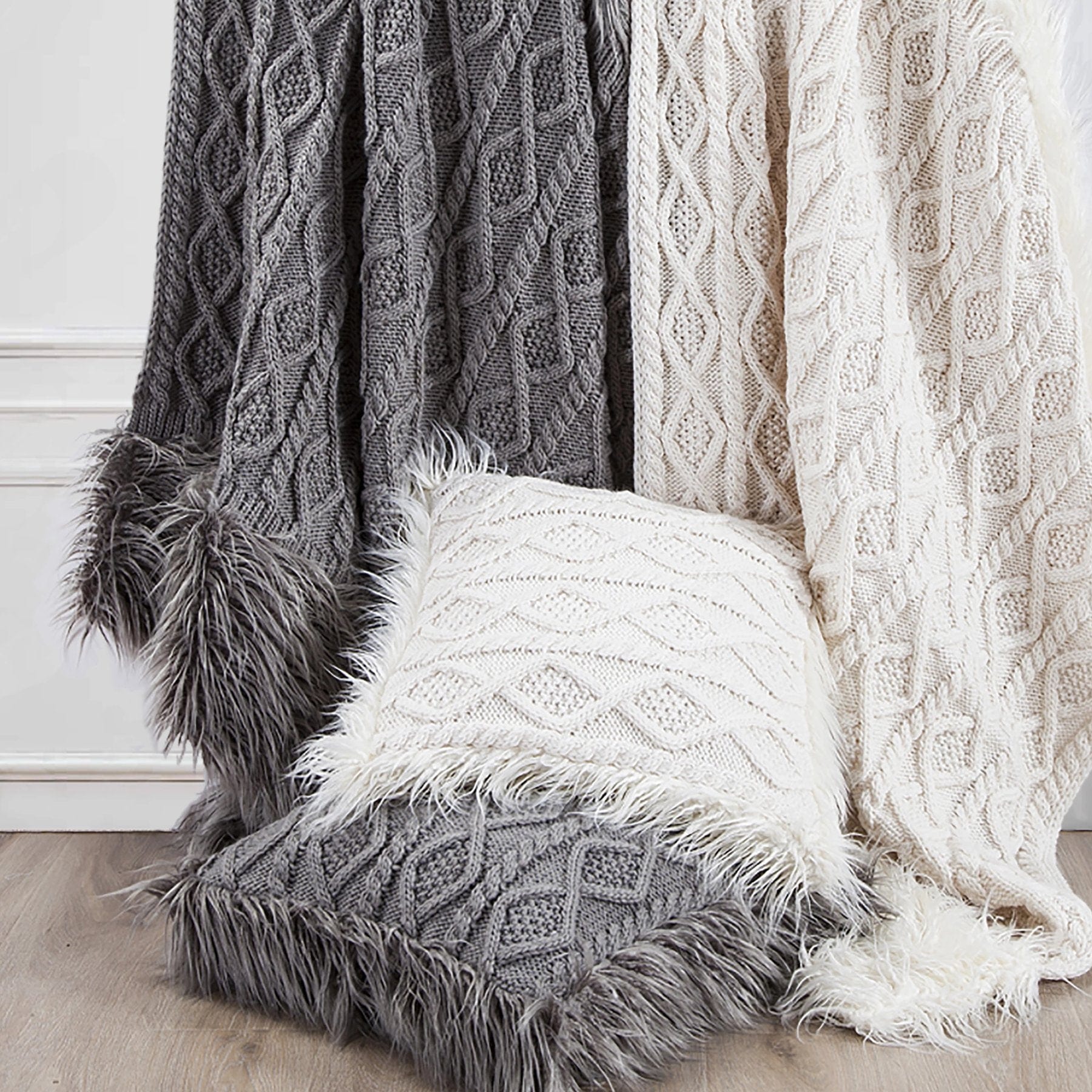 Nordic Cable Knit & Mongolian Fur Throw Blanket - Soft Cozy Blanket for Couch, Bed, Sofa - Perfect for Winter, Home Decor, and Gift Giving