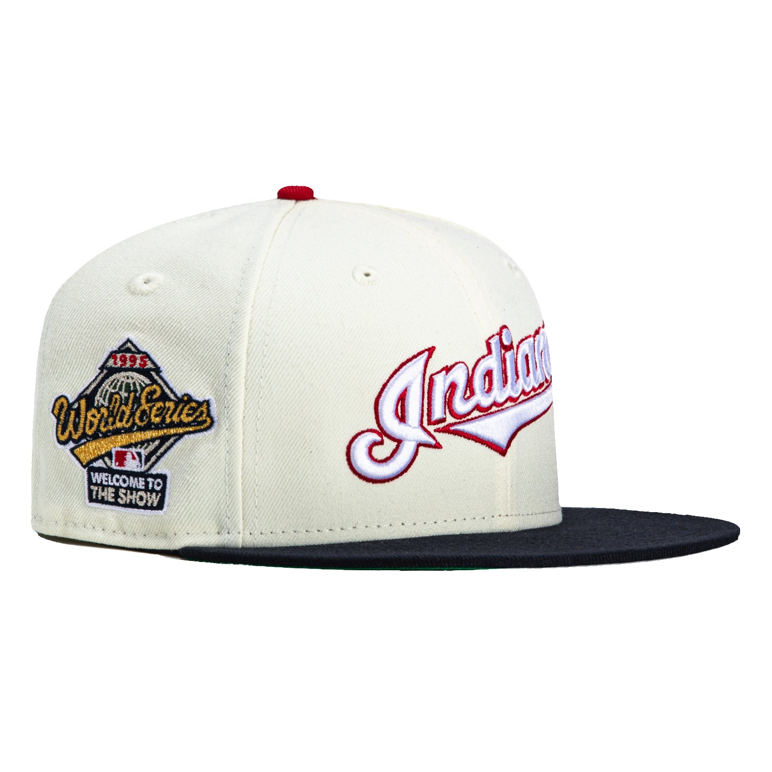 New Era 59Fifty Cleveland Guardians 1995 World Series Patch Script Baseball Cap - White, Navy, Red Snapback Hat for MLB Fans & Sports Enthusiasts - Perfect for Games, Collecting & Streetwear Fashion