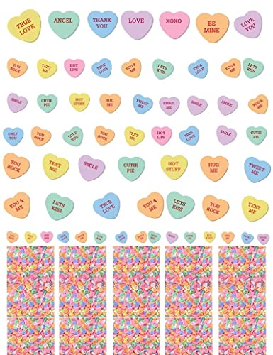 Valentine's Day Nail Art Decals - Red Heart Pink Flower Water Slide Nail Stickers with Roses, Teddy Bears & Candy Crush Design for DIY Nail Decoration Kit (6 Sheets) - Perfect for Valentine's Gifts, Parties & Nail Salon Use