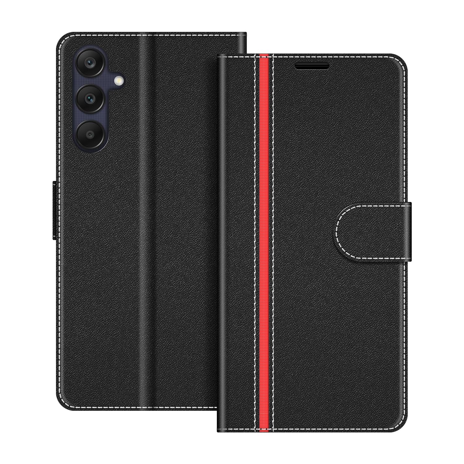 Samsung Galaxy A25 5G Leather Flip Phone Case - Premium PU Leather Protective Cover with Card Slots (Black/Red) | Slim Design for Everyday Use, Business & Travel