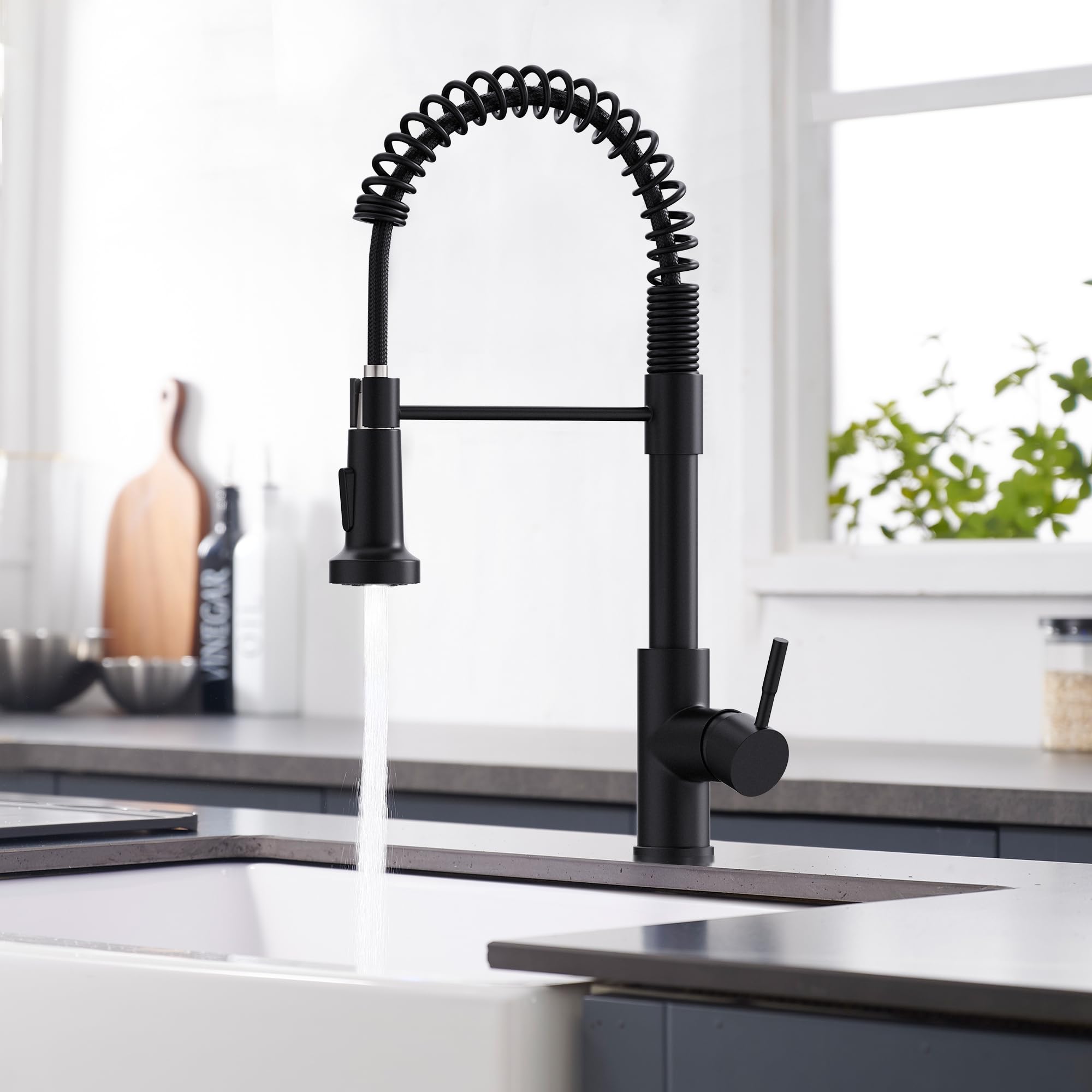 Premium Black Kitchen Faucet with Pull Down Sprayer - Single Hole Spring Loaded Sink Faucet for Modern Farmhouse, RV, Laundry Room & Outdoor Use - Ideal for Camping, Mobile Homes & Commercial Kitchens - Durable Matte Finish Waterfall Design