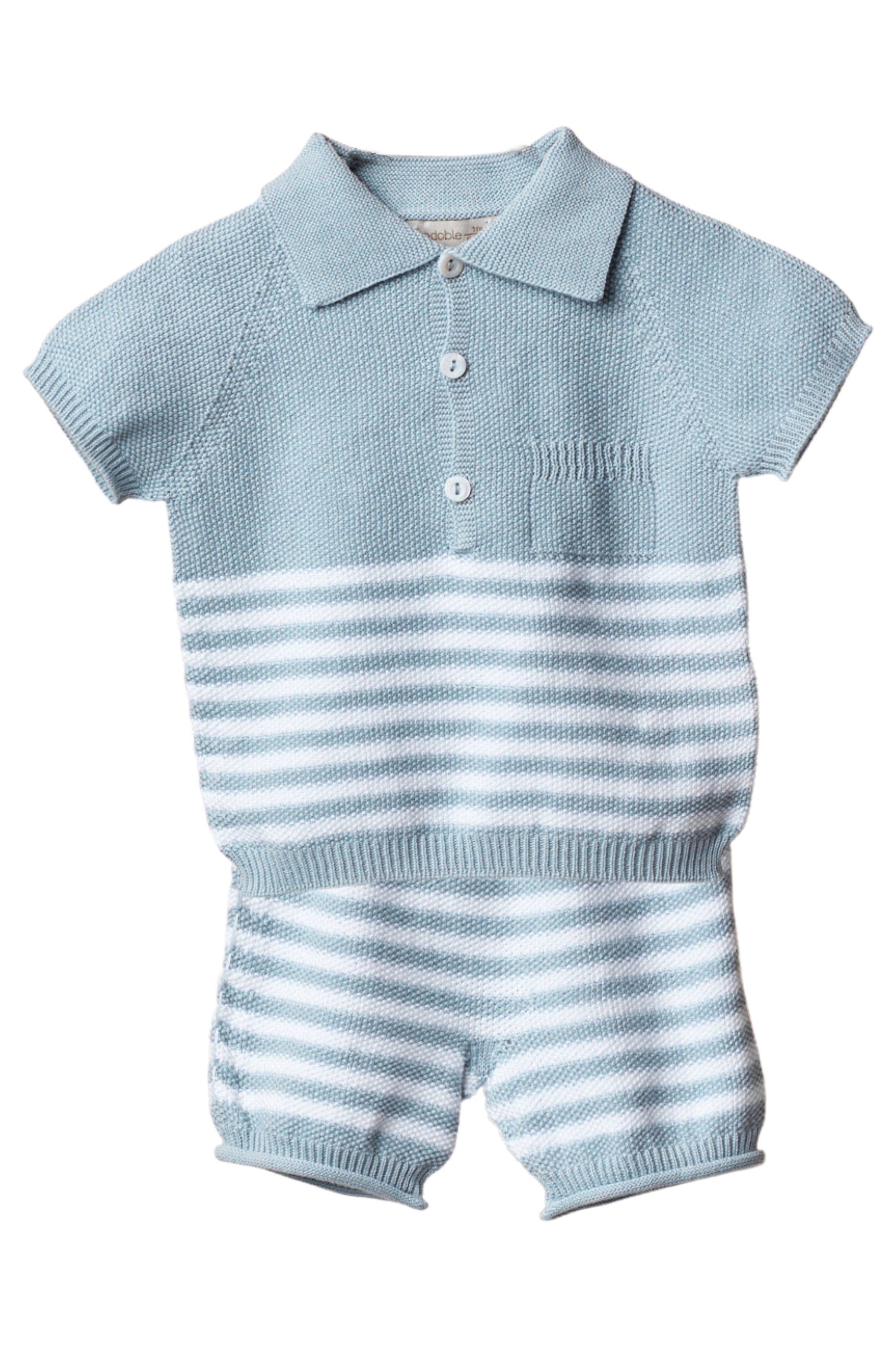 Zachary Soft Blue Striped Knitted Polo Shirt & Shorts Set for Men - Comfortable Casual Summer Outfit for Beach, Vacation and Outdoor Activities