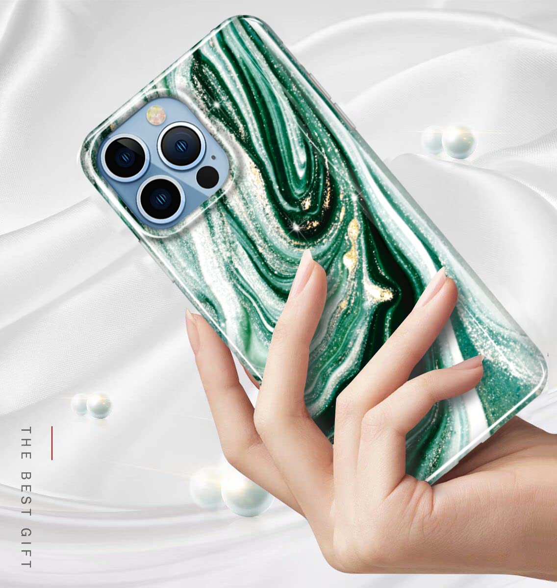Luolnh Gold Glitter Sparkle iPhone 13 Pro Case - Marble Design Shockproof Slim Soft Silicone TPU Bumper Cover for iPhone 13 Pro 6.1 Inch (2021 Model, Green Stars) - Perfect for Everyday Protection & Stylish Accessorizing