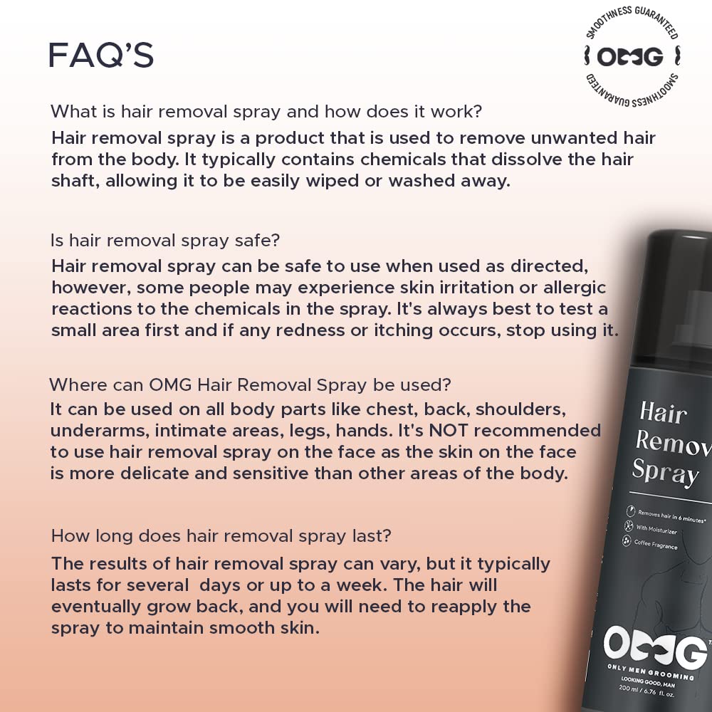 OMG Painless Hair Removal Spray for Men - Quick & Effective Body Hair Removal for Chest, Back, Hands, Legs & Intimate Areas | Enriched with Coffee Fragrance, Shea Butter & Glycerin | Works in Under 10 Minutes | 200ml | Perfect for Smooth Skin Before Beach, Gym or Date Night