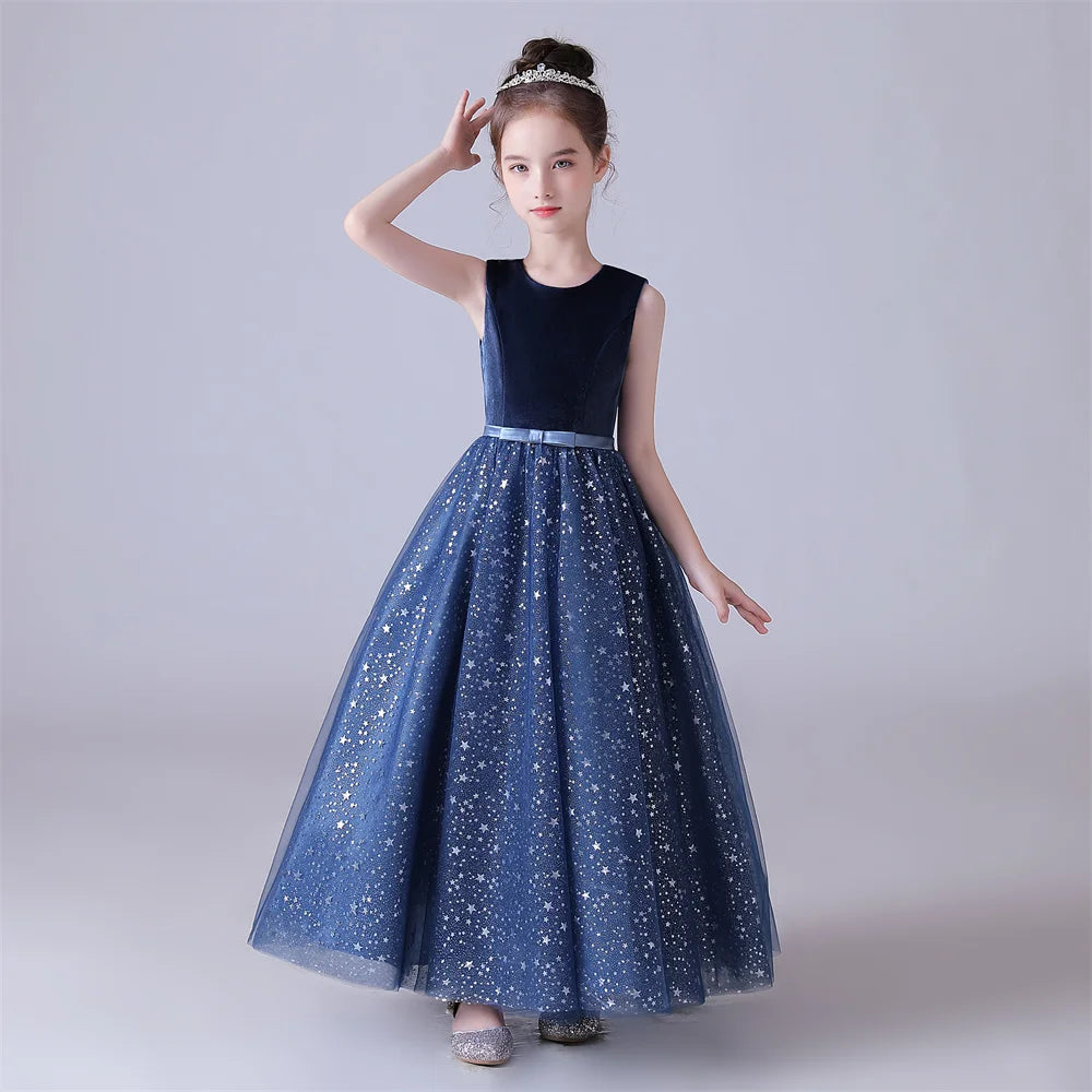 Navy Blue Shiny Tulle Flower Girl Dress - Sleeveless Formal Princess Gown for Kids Birthday Party, Wedding, Pageant & Special Occasions
