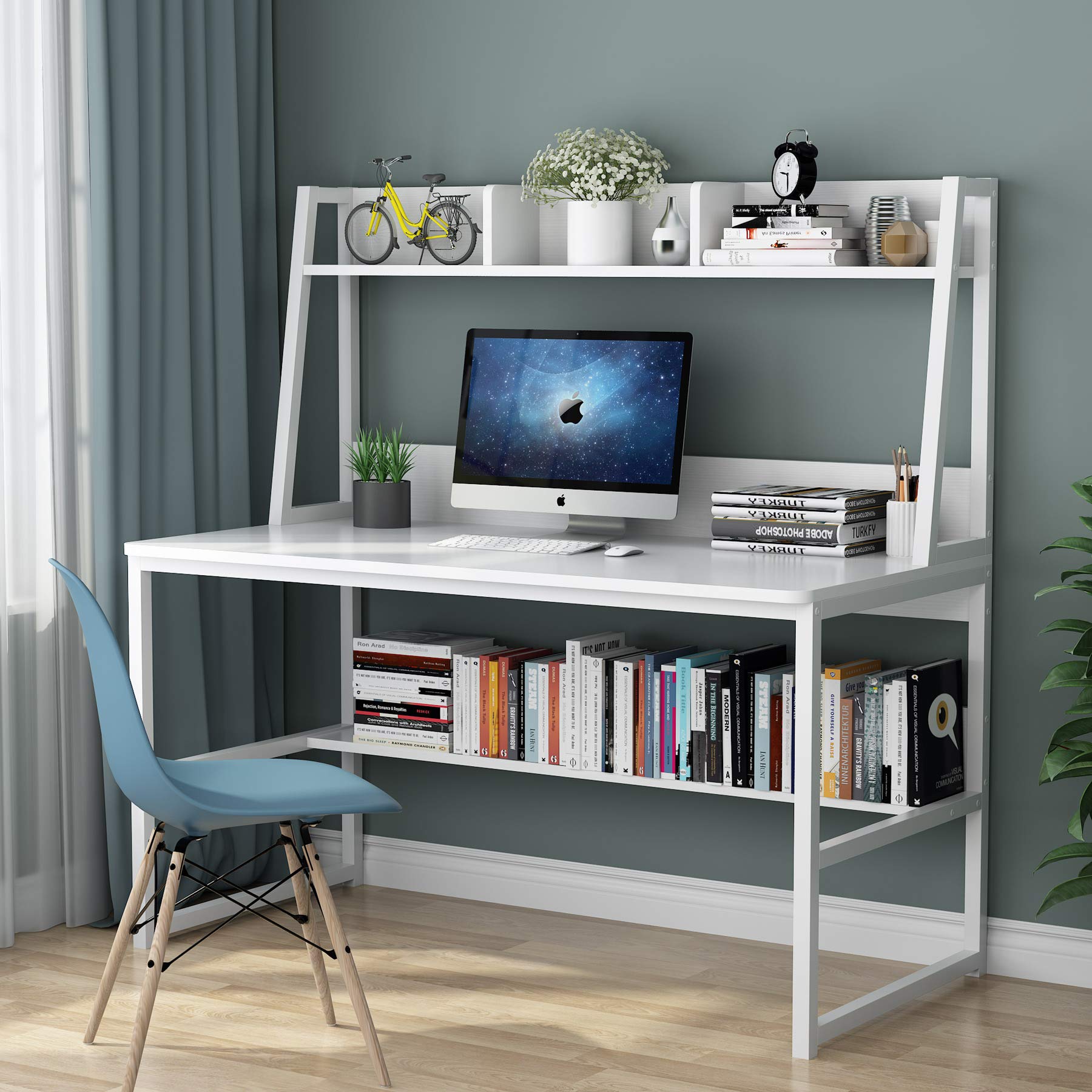 Tribesigns 47 Inch Modern Computer Desk with Hutch & Bookshelf - Sturdy Home Office Desk for Work, Study & Writing - Space Saving All White Workstation for Small Spaces & Apartments