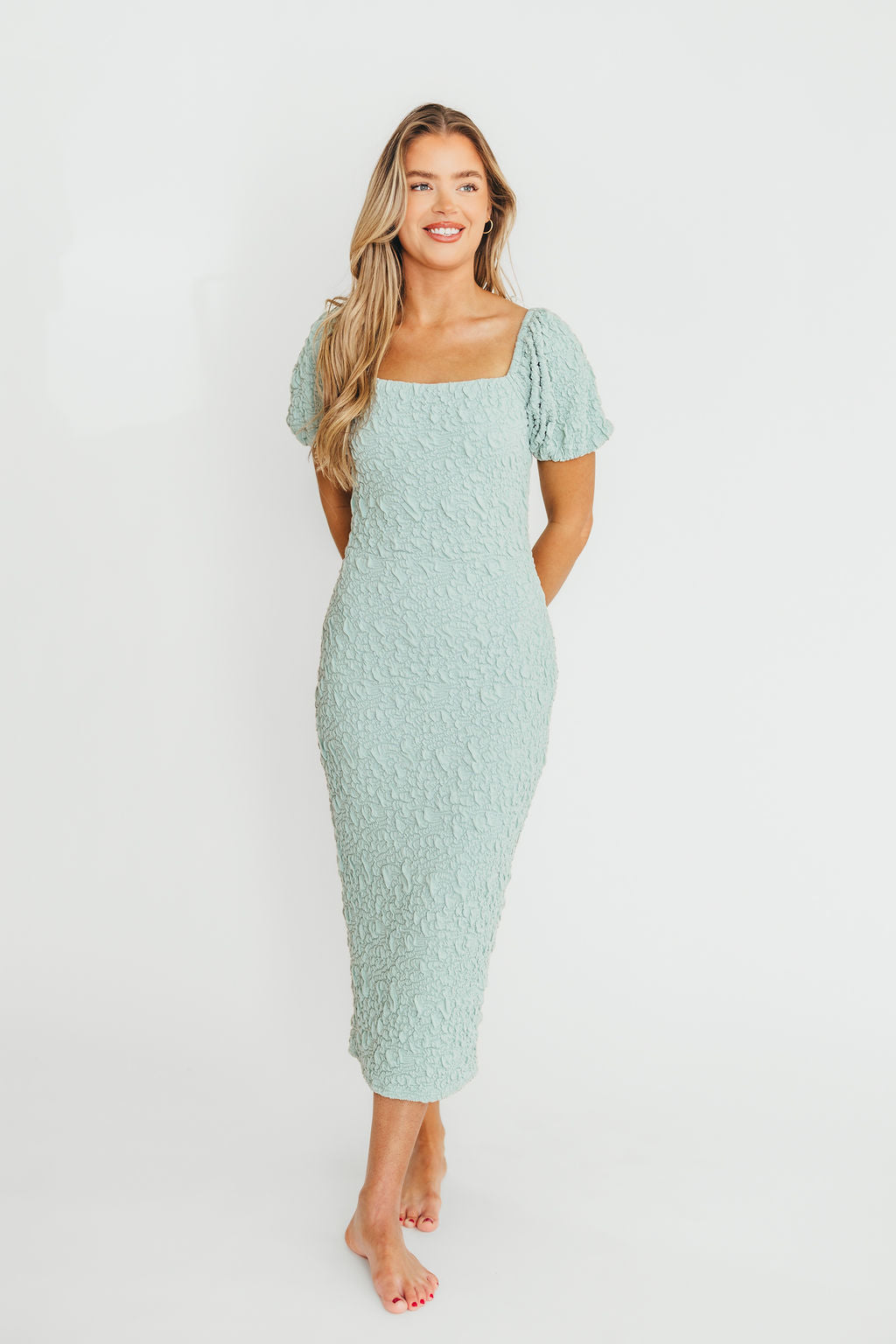 Blakeley Textured Midi Dress - Seafoam Green Bump Friendly Maternity Dress for Women | Perfect for Baby Showers, Maternity Photos & Everyday Wear