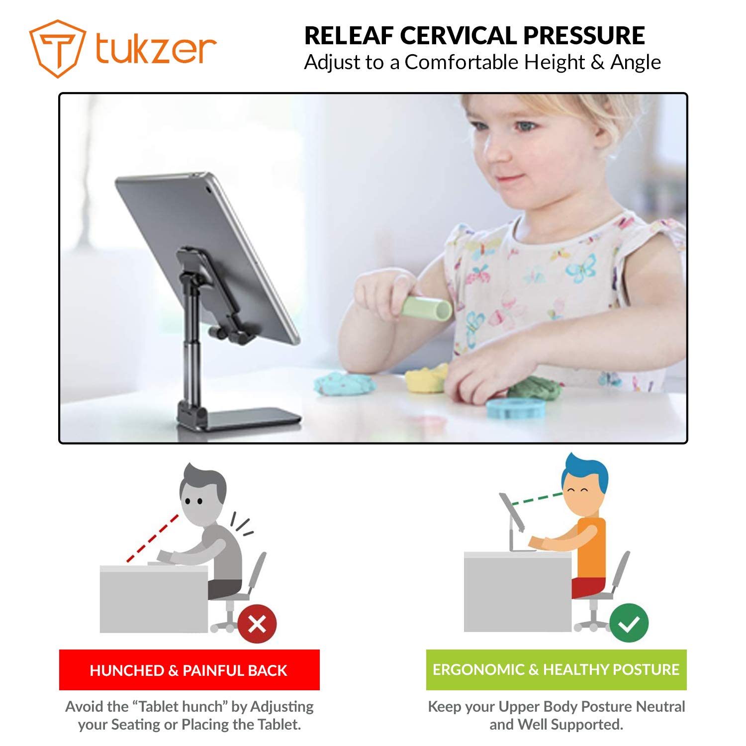 Tukzer Adjustable Foldable Desktop Tablet Stand Holder for Smartphones & Tablets - Height & Angle Adjustable, Portable for Desk, Cradle, Dock - Perfect for Work, Study, Video Calls & Entertainment (Black)