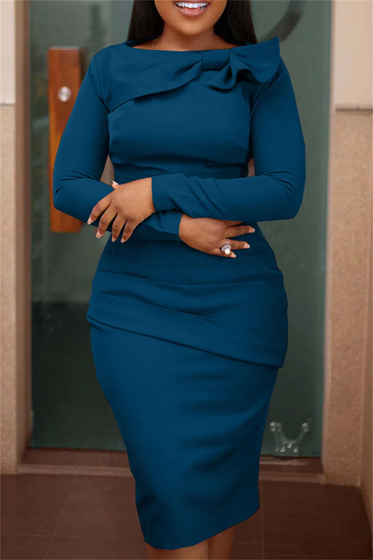 Molisry Women's Long Sleeve Bodycon Midi Dress - Ruched Ruffle Patchwork Casual Party Dress for Wedding Guest, Date Night, Cocktail Party & Special Occasions