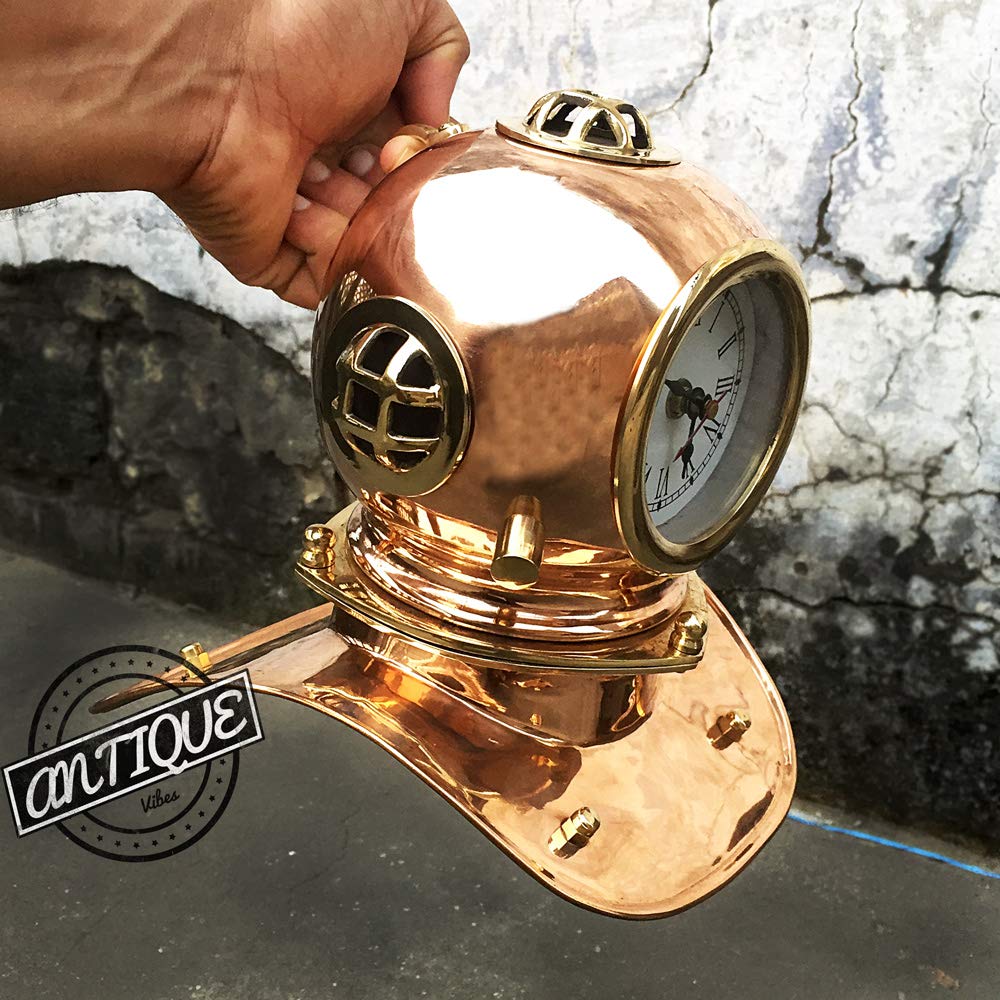 Vintage Brass Scuba Diving Helmet Table Clock - AV Sea Scuba Helmet Mantel Clock for Office Desk, Bookshelf & Home Decor - Unique Nautical Theme Gift for Divers & Beach House Decor