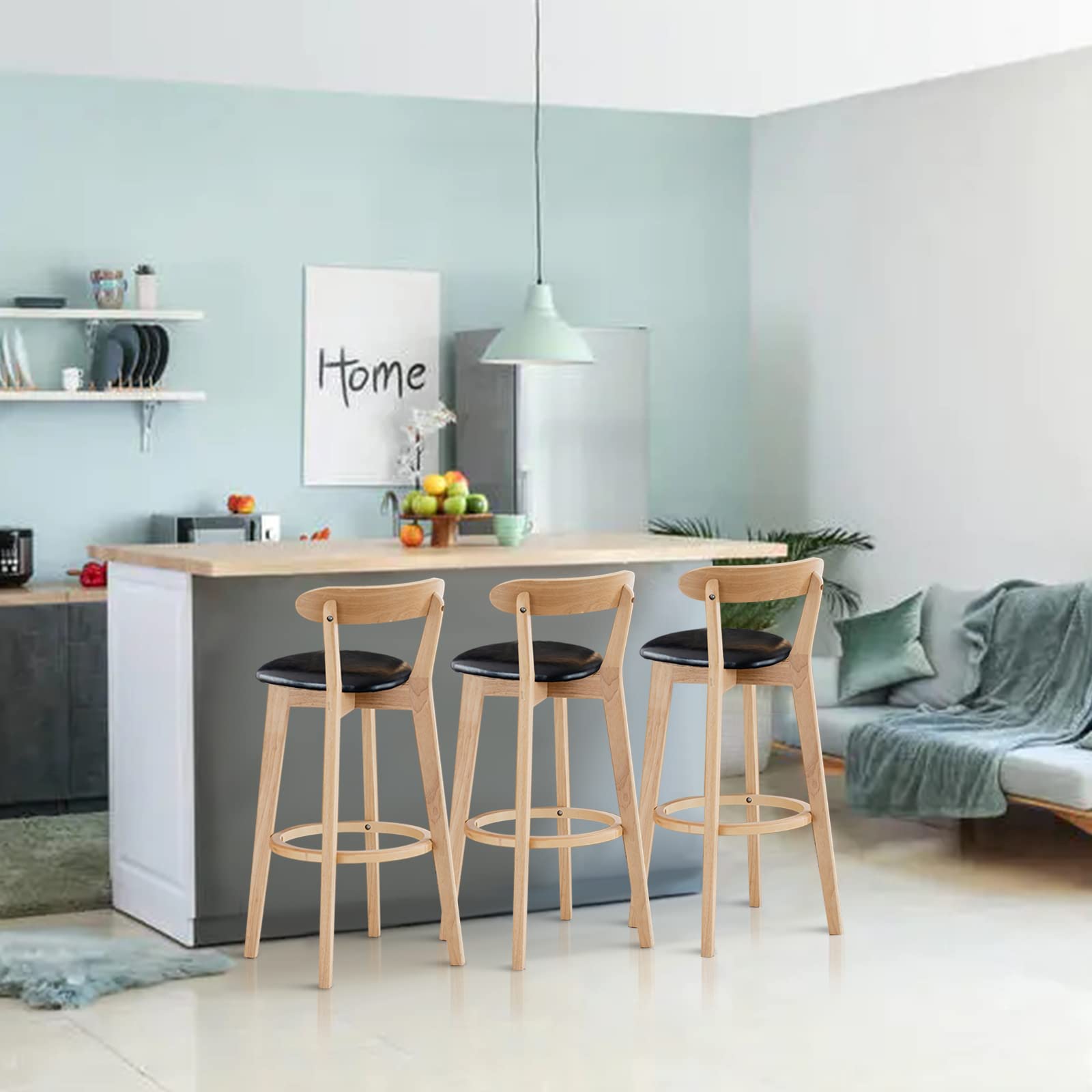 Premium Wooden Breakfast Bar Stool with PU Leather Backrest & Armrest - Comfortable Kitchen Counter Height Chair for Dining, Coffee Shops & Home Decor