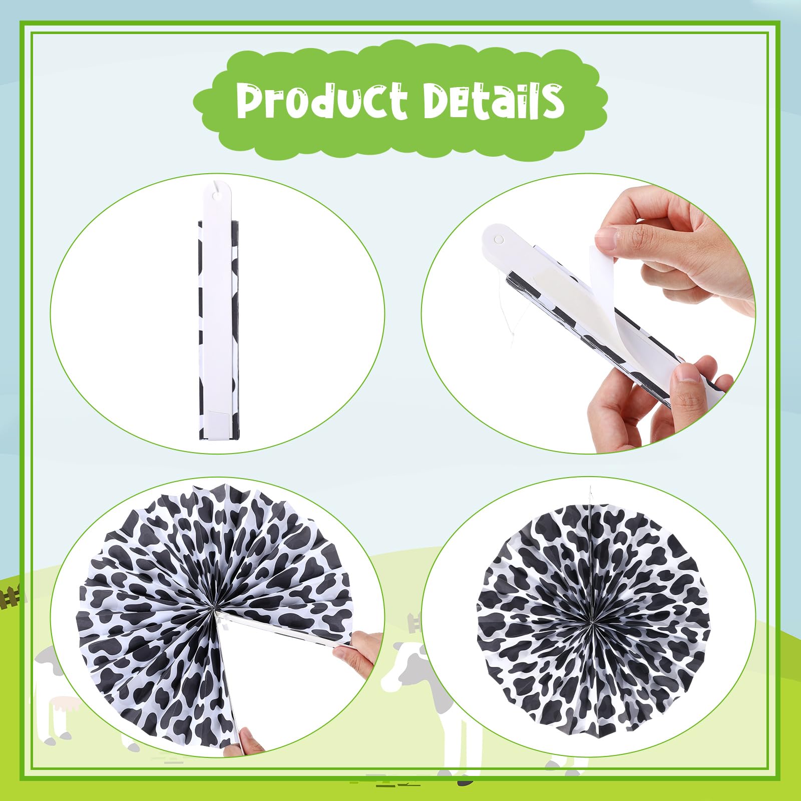 Outus 9-Piece Cow Print Paper Fans - Farm Animal Classroom Decor, Dalmatian Print Party Supplies for Western Birthday & Baby Shower (Black & White) | Perfect for Farm Theme Parties, School Events & Nursery Decorations