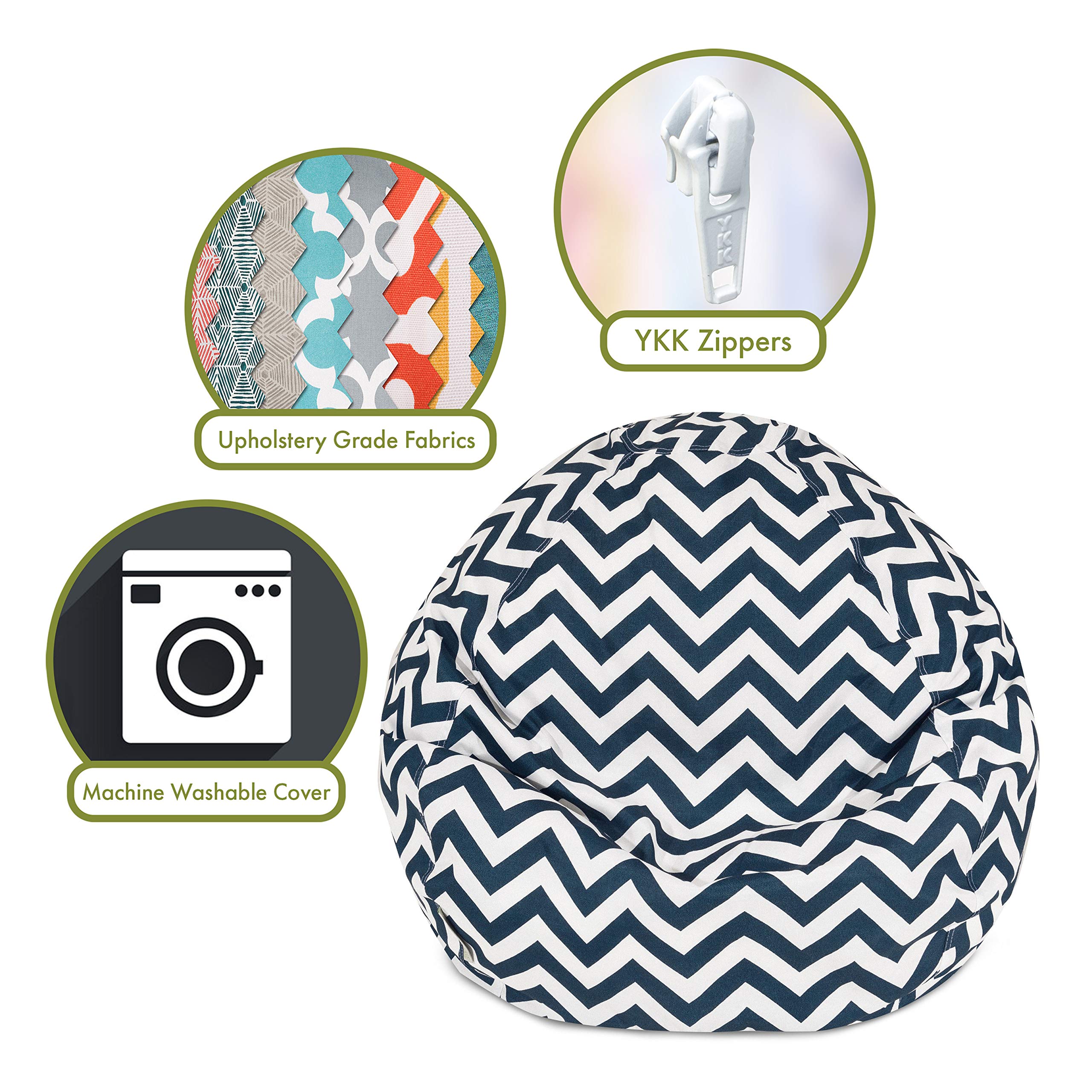 Majestic Home Goods Classic Bean Bag Chair for Adults & Kids - 28x28x22 Inch Oversized Chevron Pattern Bean Bag - Navy Blue - Perfect for Living Room, Game Room, Dorm & Bedroom Relaxation