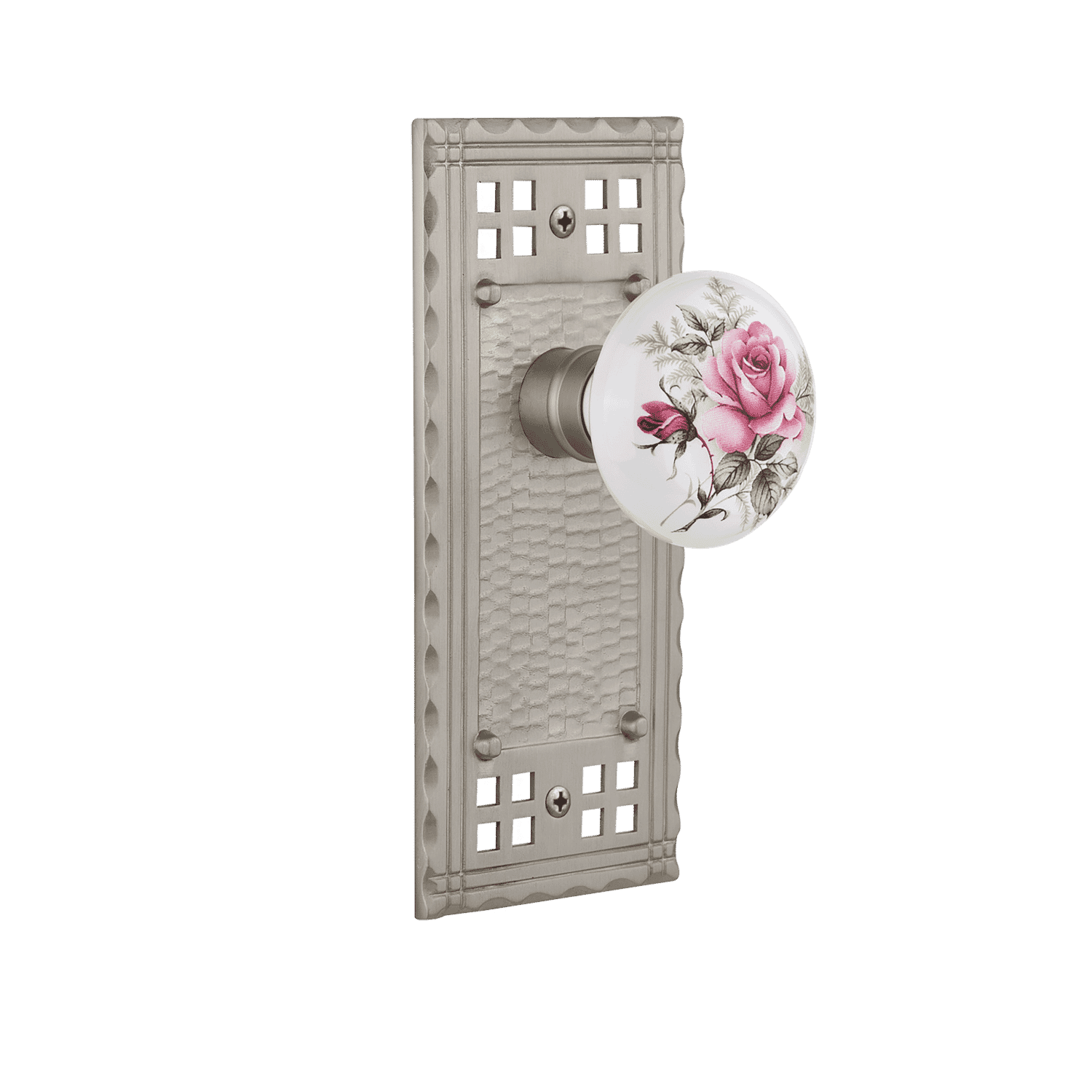 Craftsman Long Plate with White Rose Porcelain Knob in Satin Nickel - Vintage Cabinet Hardware for Kitchen & Bathroom Renovation, Perfect for Dressers, Wardrobes and Furniture Upgrades