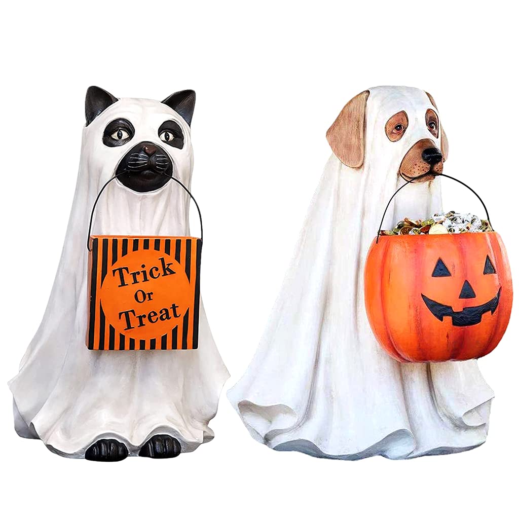 Halloween Candy Bowl - Asukohu Resin Pumpkin Candy Organizer with Dog & Cat Statue for Trick or Treat Decor | Perfect for Halloween Party, Home Decor & Gift Giving