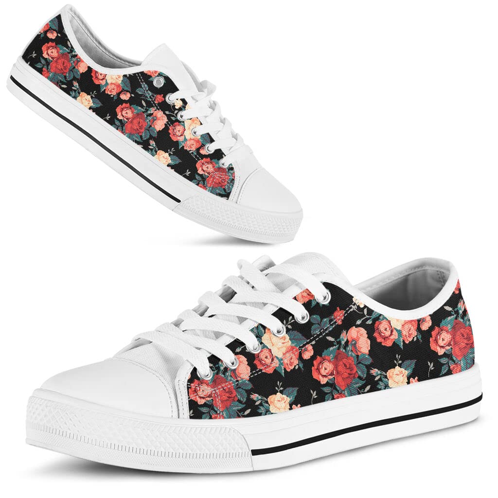 Red Roses White Canvas Low Top Sneakers for Men & Women - Breathable Casual Shoes with Animal Print - Valentine's Gift for Couples, Japanese Lovers (Includes Gift Box) - Perfect for Dating, Anniversaries & Romantic Occasions