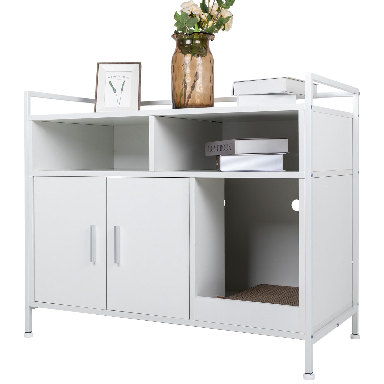 YUSING Cat Litter Box Enclosure Furniture - Hidden Large Cat Washroom Storage Cabinet with Double Doors & Open Shelf - White for Bedroom & Living Room | Perfect for Small Spaces & Multi-Cat Homes