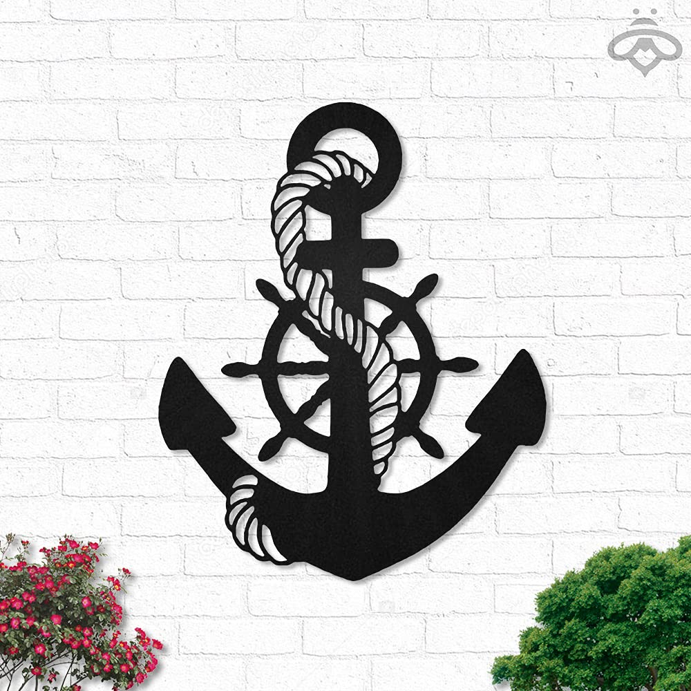 Nautical Anchor Metal Wall Art with LED Lights - Aquarius Black Metal Sign for Living Room, Sailor Decor, Large Outdoor Wall Art, Home Decor Gift (24x24 inches) - Perfect for Beach House, Coastal Decor, and Nautical Themed Rooms
