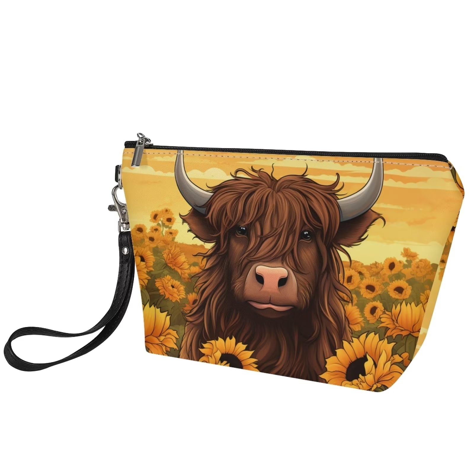 DISNIMO Sunflower Cow Print Makeup Bag - Waterproof Cosmetic Pouch for Women & Teens, Cute Travel Toiletry Organizer, Leather Clutch for Girls (Perfect for School, Travel & Daily Use)
