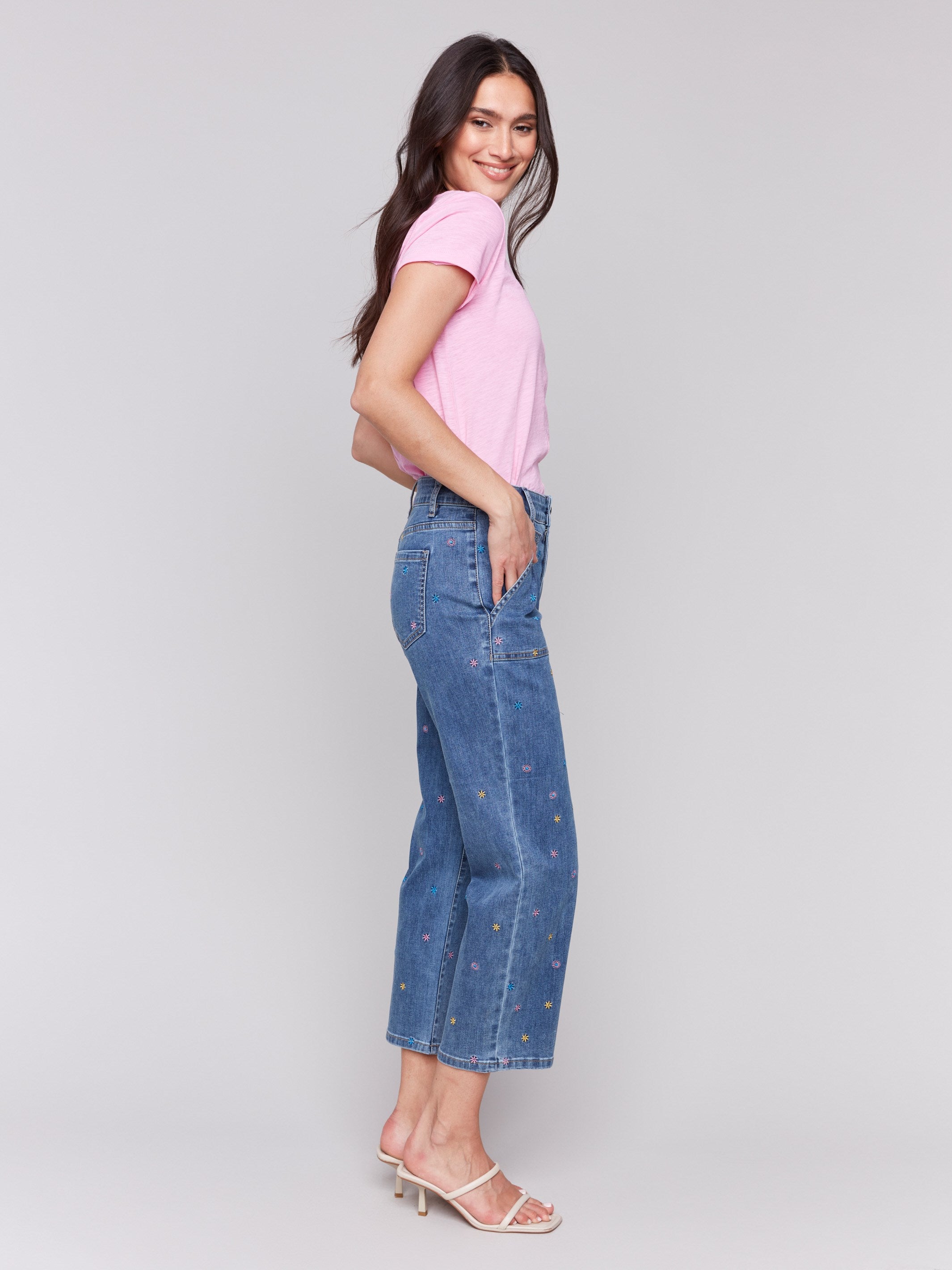 Embroidered Cropped Utility Pocket Jeans for Women - Medium Blue Wash Distressed Denim Pants | Casual Streetwear, Outdoor Adventures & Everyday Comfort