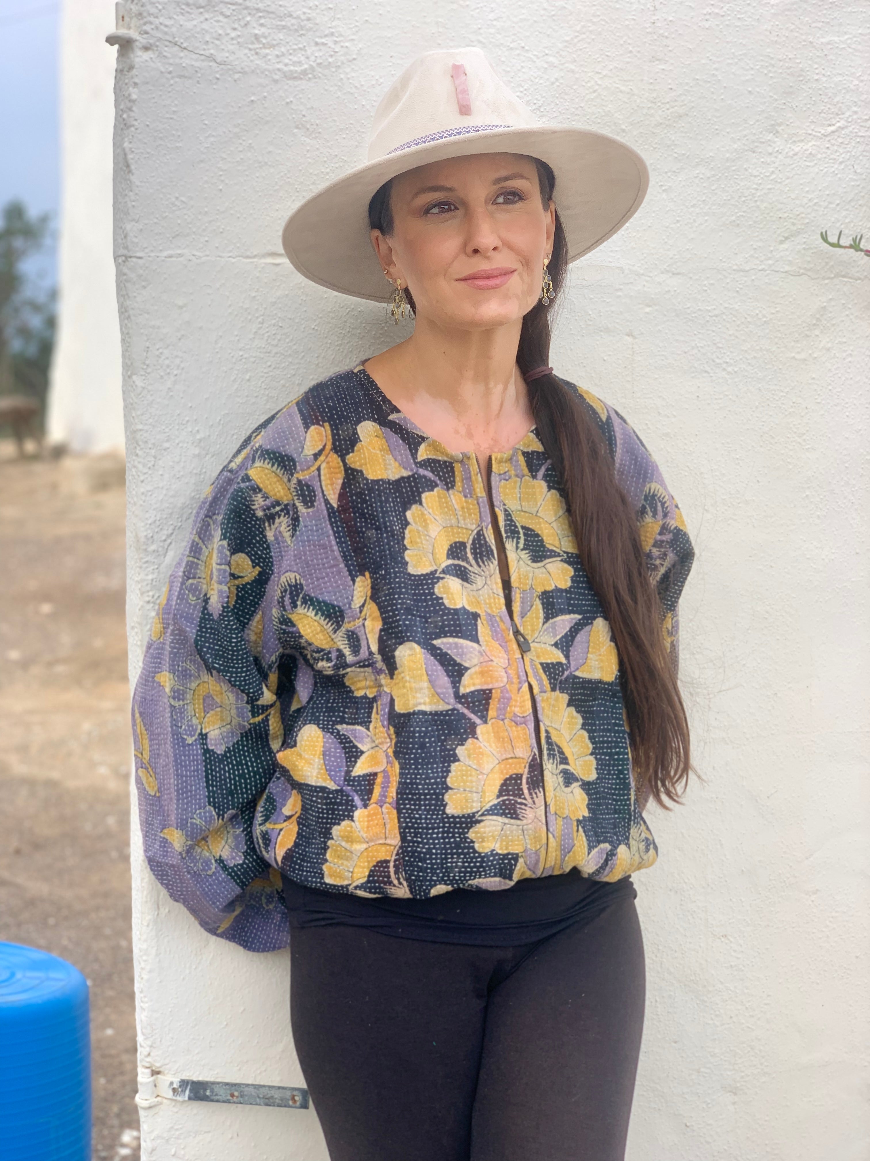 Vintage Cotton Kantha Bomber Jacket - Handmade Boho Style Lightweight Outerwear for Women, Perfect for Casual Wear, Travel & Festival Fashion