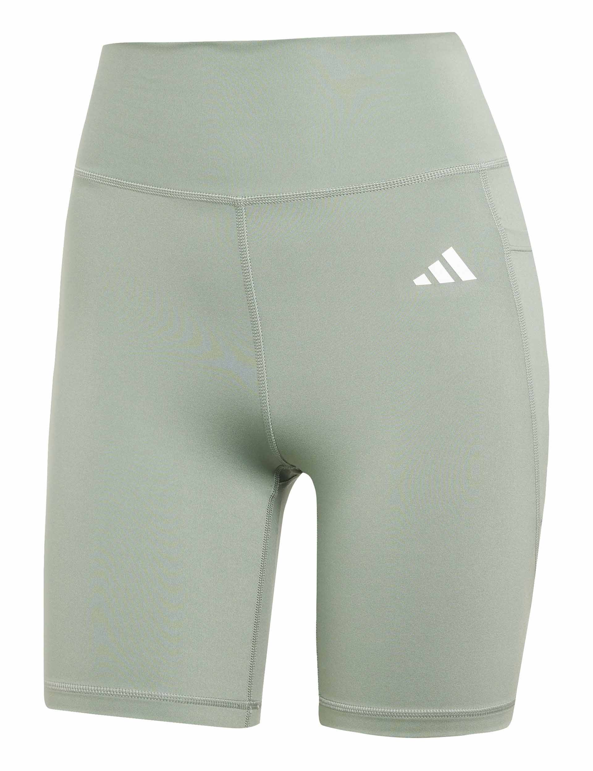 Optime Essentials Stash Pocket 7 Inch Short Leggings for Women - Silver Green/White - Workout, Running, Yoga & Lounge Wear