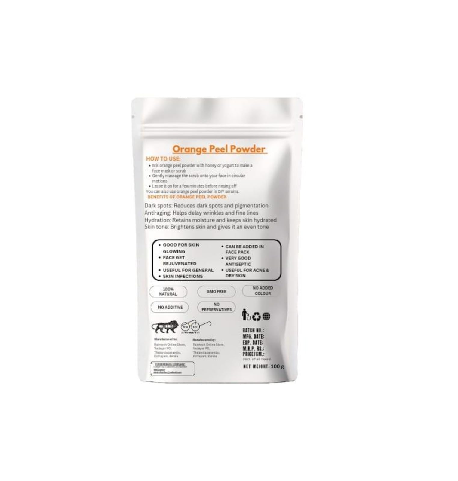 Organic Orange Peel Powder 100g - Pure Natural Vitamin C Rich Face Mask for Skin Brightening & Anti-Aging | Cruelty-Free Vegan Skincare | Perfect for DIY Face Packs, Scrubs & Glow Treatments
