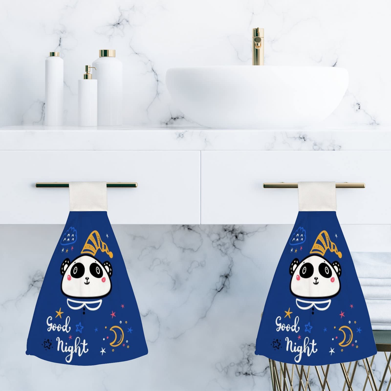 Super Absorbent Kids Panda Bear Hand Towels - 2 Pack, Soft & Machine Washable Hanging Towels with Loop for Kitchen & Bathroom - Perfect for Kids' Bedtime & Bath Time