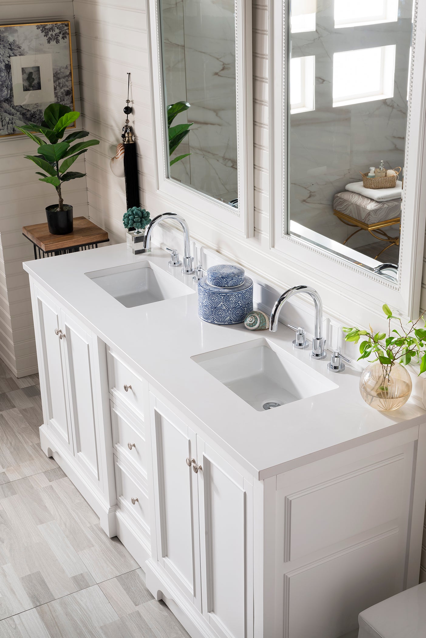De Soto 72 Inch Double Bathroom Vanity with 3CM Classic White Quartz Countertop - Bright White Finish for Modern Bathroom Remodel & Master Suite Upgrade