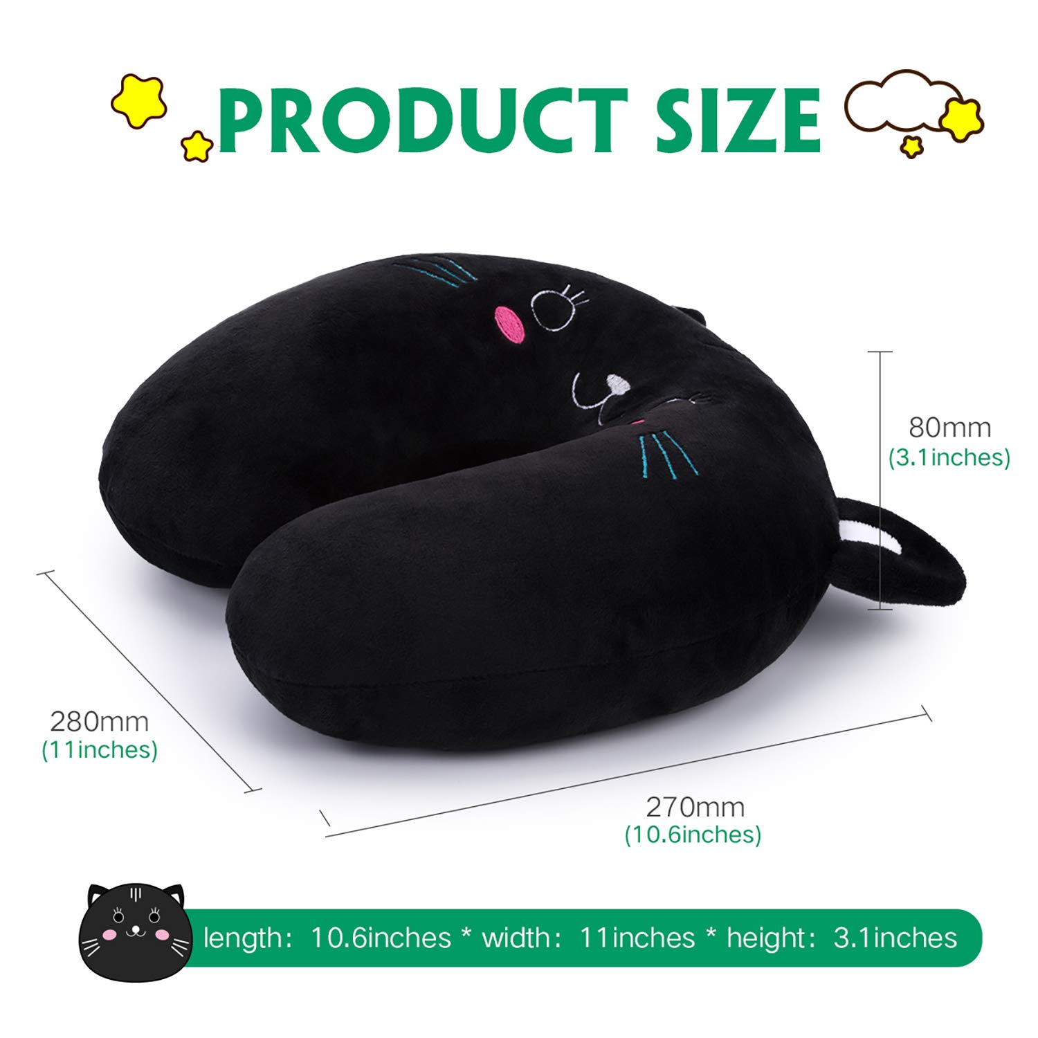 HOMEWINS Kids Travel Pillow - Cute Black Cat Neck Pillow for Boys & Girls | Soft Support for Head, Neck & Chin | Perfect for Airplane, Car & Train Travel | Ideal for Long Trips & Nap Time
