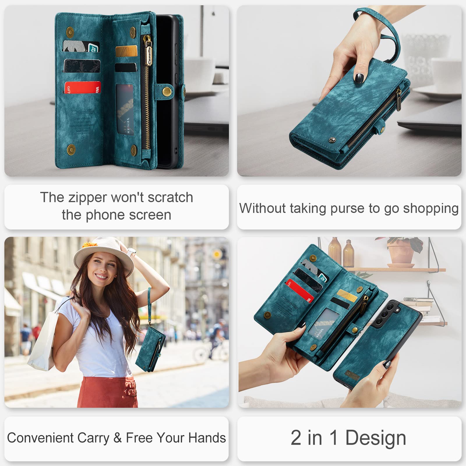 Genuine Leather Magnetic Wallet Case for Samsung Galaxy S21 (2021) - Detachable Cover with RFID Blocking, Card Slots & Zipper Purse | Perfect for Business, Travel & Everyday Protection (Blue)