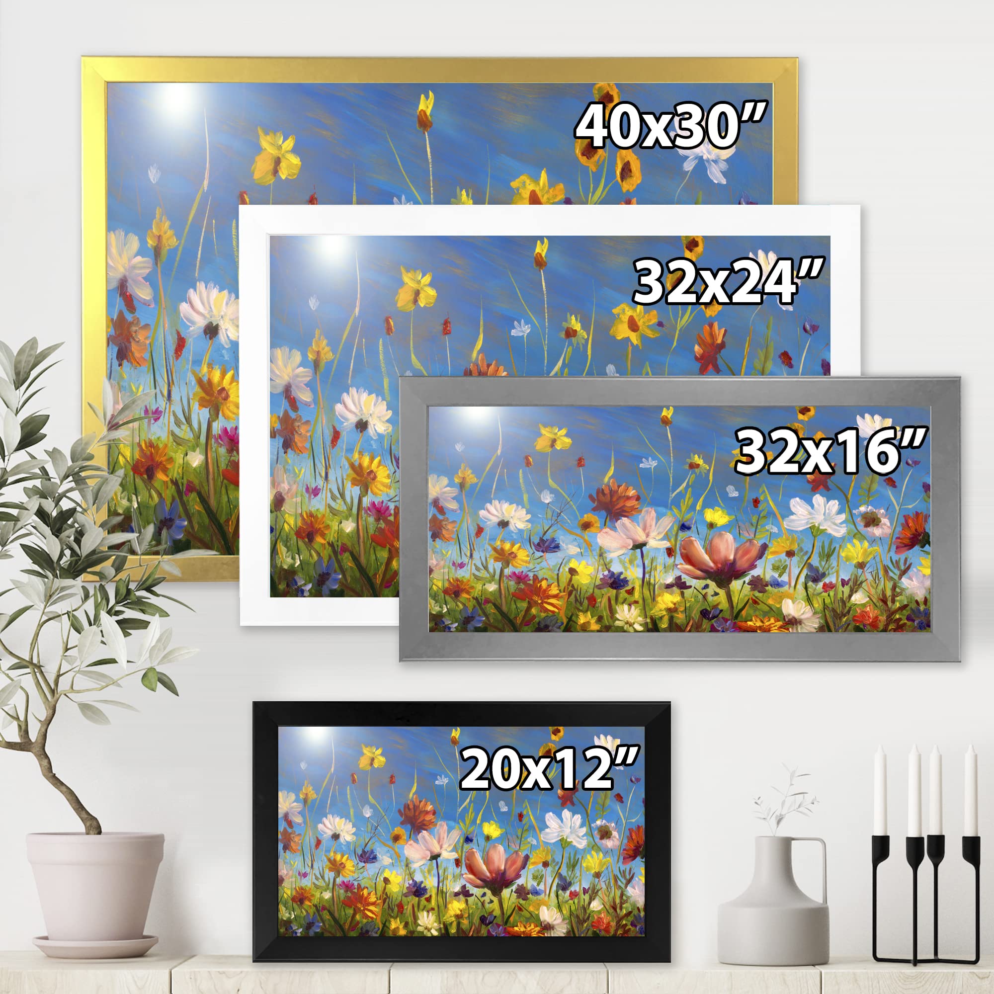 Summer Garden Field with Daisies and Wildflowers - Traditional Framed Wall Art for Living Room, Bedroom & Office Decor