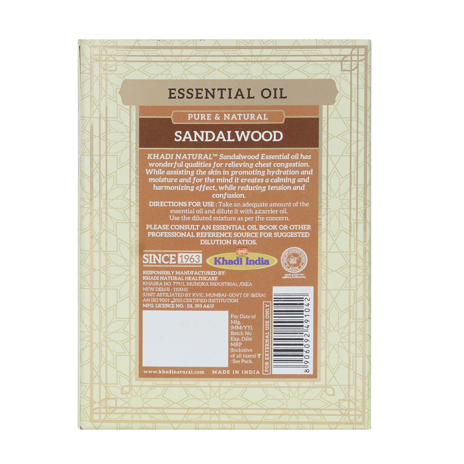 Khadi Natural Sandalwood Essential Oil 15ml - 100% Pure & Organic Aromatherapy Oil for Relaxation, Stress Relief & Skin Care | Ayurvedic Therapeutic Grade | Perfect for Diffusers, Massage & Meditation