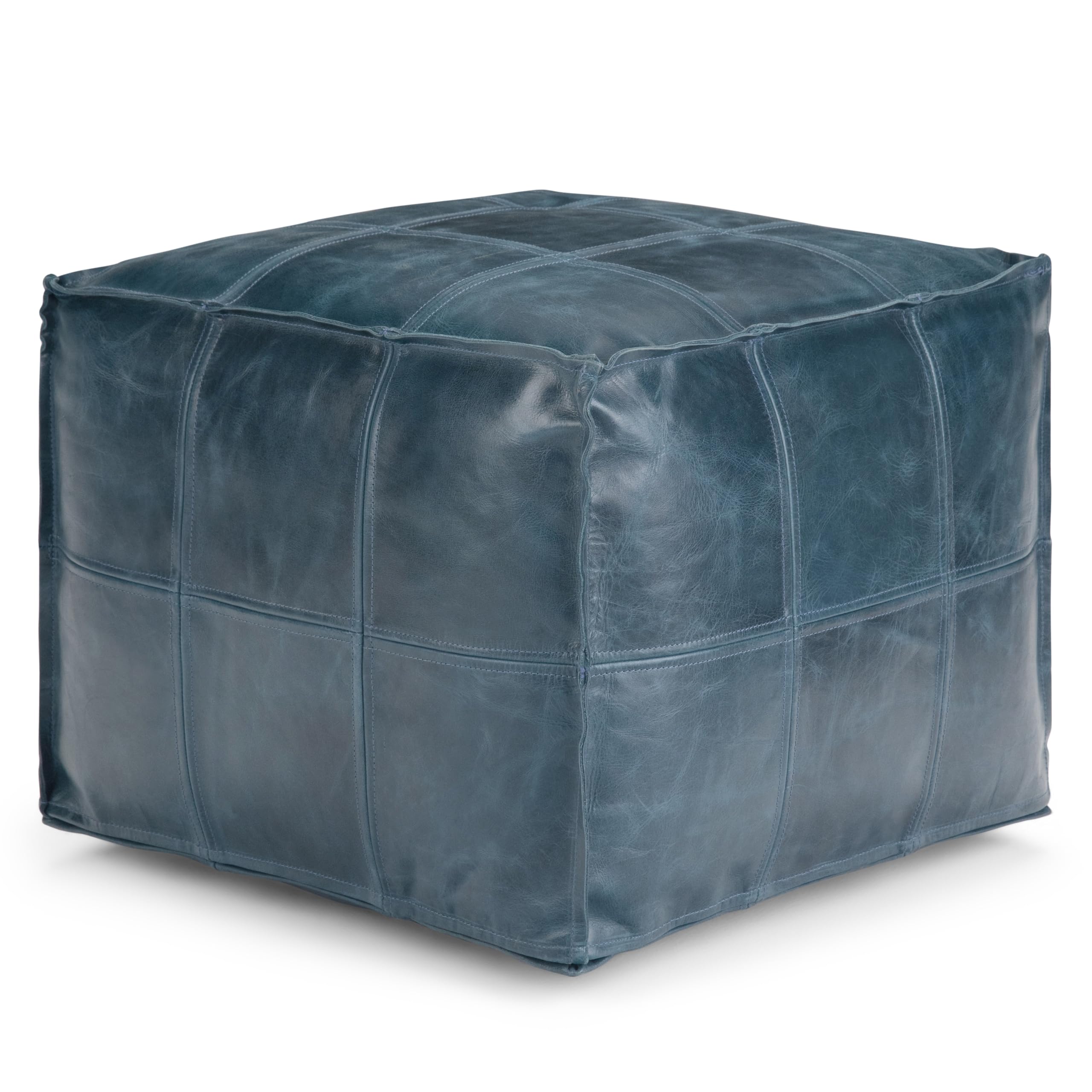 SIMPLIHOME Manning Boho Square Pouf in Teal - Genuine Leather Ottoman for Living Room, Bedroom, Nursery & Dorm - Stylish Footrest, Seating & Home Decor Accent