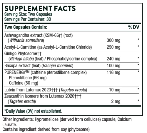 THORNE Memoractiv - Premium Nootropic Brain Supplement for Enhanced Focus, Creativity & Mental Clarity - Natural Ingredients with Ashwagandha, Ginkgo Biloba, Lutemax & Bacopa - Gluten-Free, Dairy-Free - 60 Capsules (30 Servings) - Ideal for Students, Professionals & Gamers to Boost Cognitive Performance