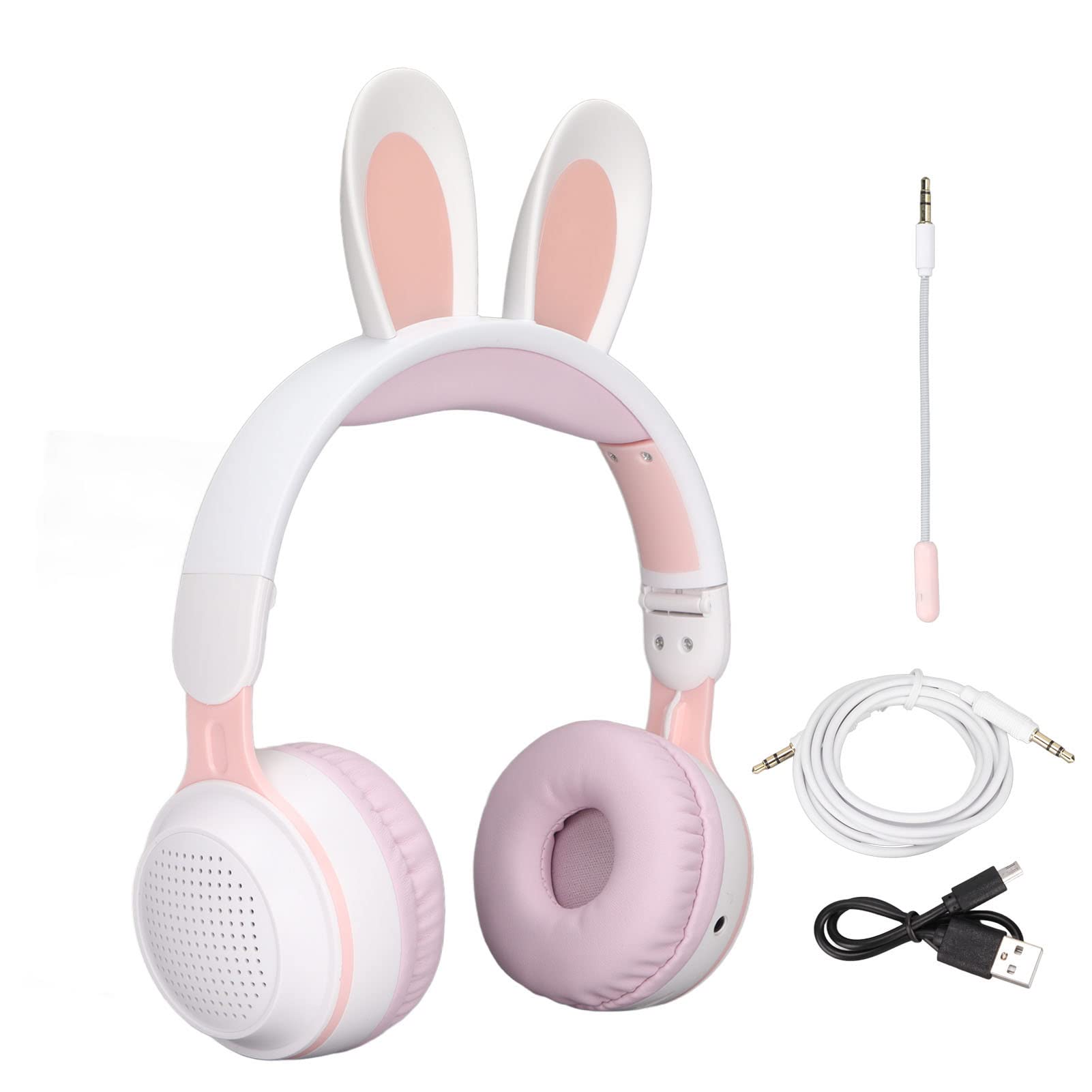 Wireless Bluetooth 5.0 Over-Ear Headphones with LED Lights - Foldable Kids Headset for Online Learning, Gaming, PC & Tablet Use - White Powder Color (Perfect for Remote Classes & Home Entertainment)