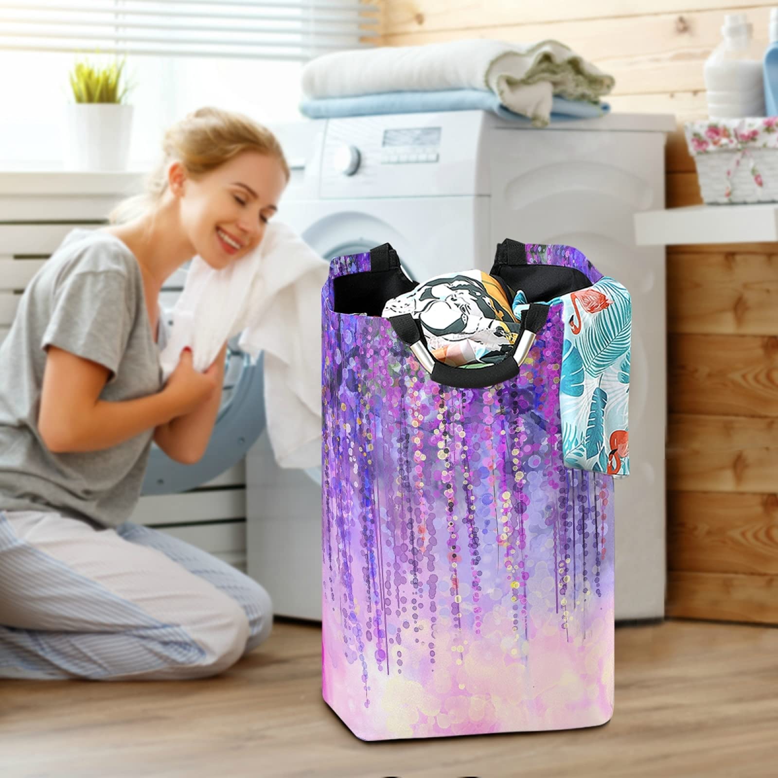 Abstract Violet Wisteria Flowers Laundry Hamper Basket - Foldable Waterproof Clothes Bin with Handles for Bathroom & Bedroom - Multi-Purpose Storage for Dirty Laundry, Toys & Household Items - Perfect for Home Organization & Space Saving