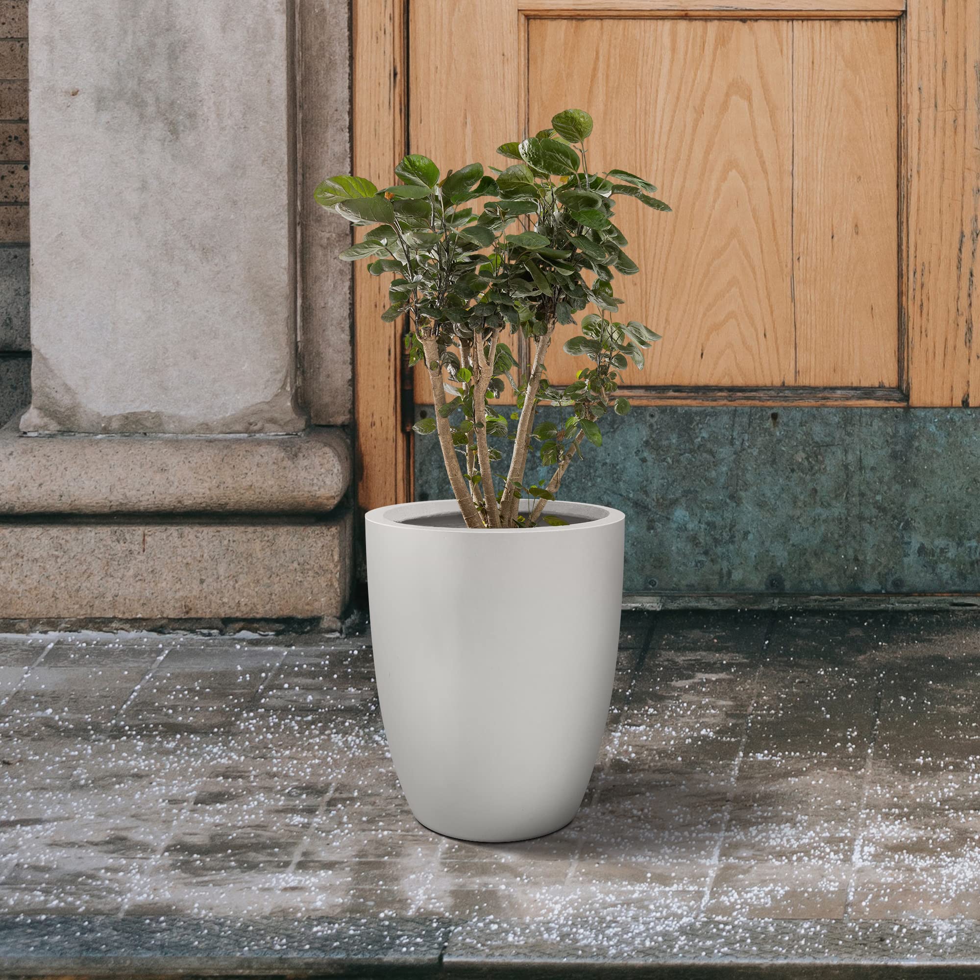 18.1 Inch Tall Modern Round Concrete Planter - Indoor Outdoor Decorative Flower Pot with Drainage Hole & Rubber Plug - Pure White Home Garden Decor for Patio, Balcony & Living Room