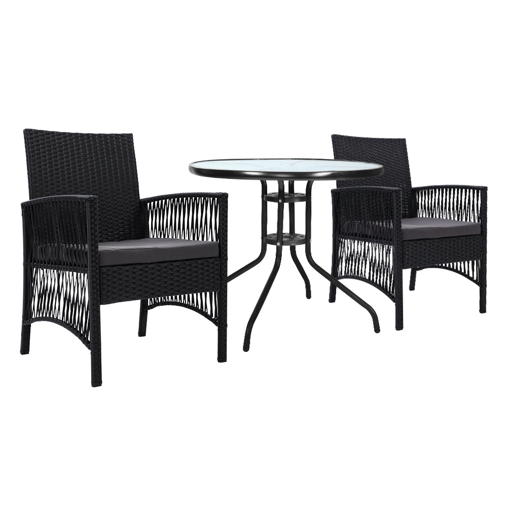 3-Piece Bistro Set Outdoor Patio Furniture - Rattan Table & Chairs with Cushions for Garden, Balcony, Backyard Dining & Relaxation
