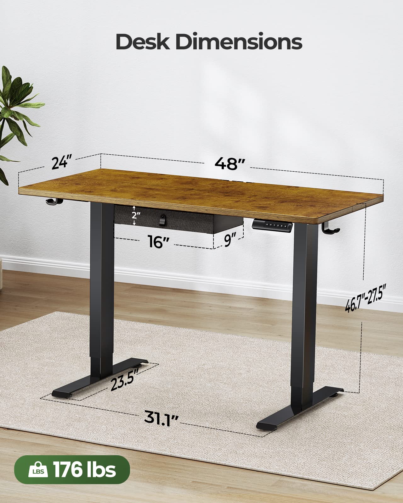 Marsail 48 Inch Adjustable Height Standing Desk with Storage - Rustic Brown Finish for Home Office, Gaming & Workspace Ergonomics