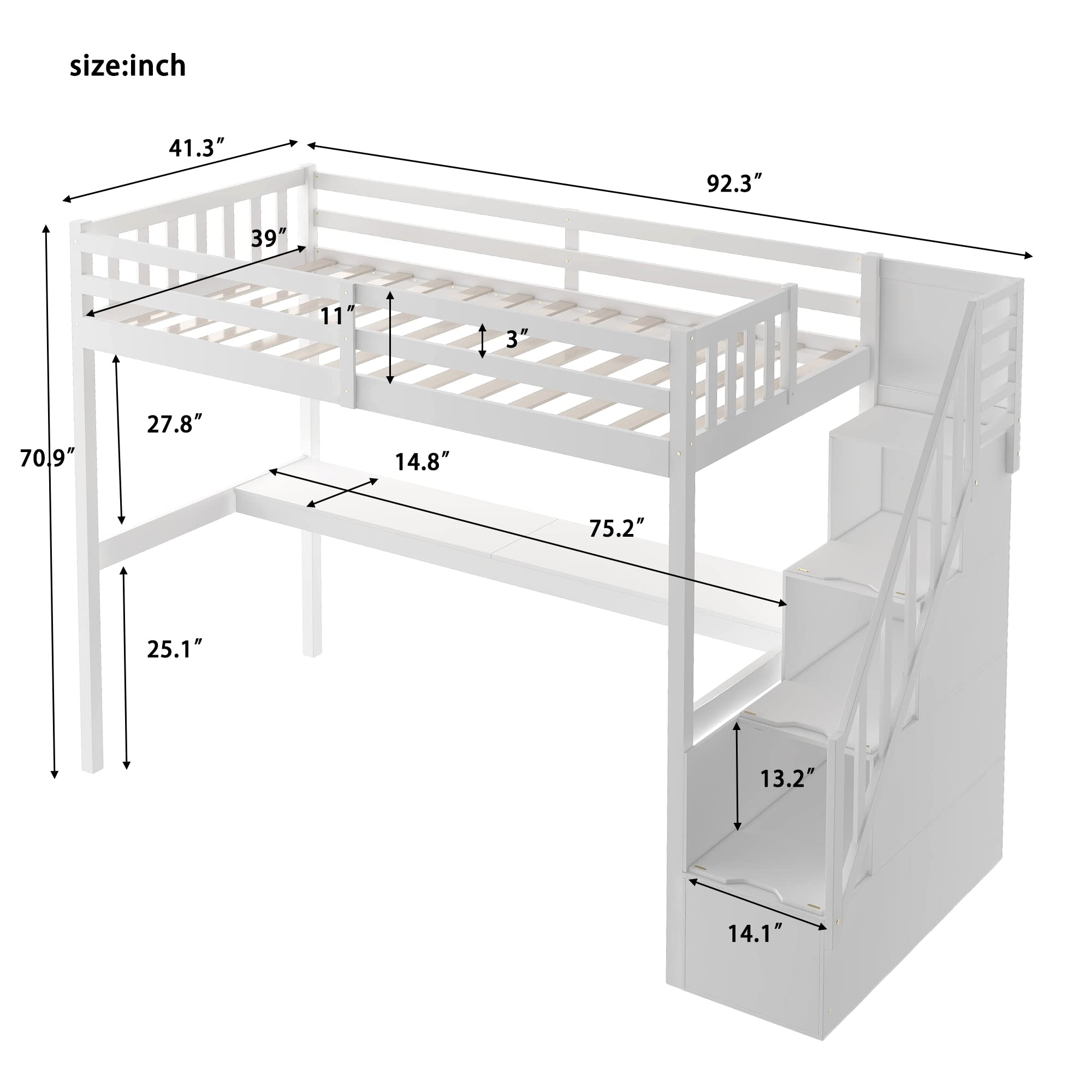 Merax Twin Size Loft Bed with Staircase, Built-in Desk & Safety Guardrails - No Box Spring Needed, White - Perfect for Kids Bedrooms, Small Spaces & Dorm Rooms