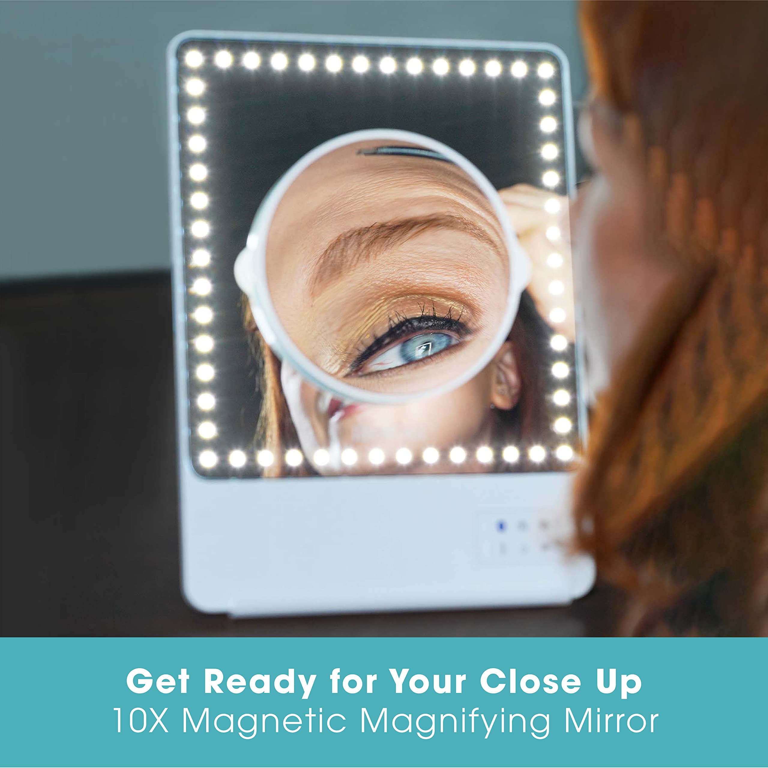RIKI LOVES RIKI LED Vanity Mirror with Lights & Bluetooth - Portable Lighted Makeup Mirror with 10X Magnification, Adjustable Stand & Phone Holder | 5 Brightness Levels, HD Daylight Lighting for Makeup Application, Skincare & Hair Styling at Home or Travel