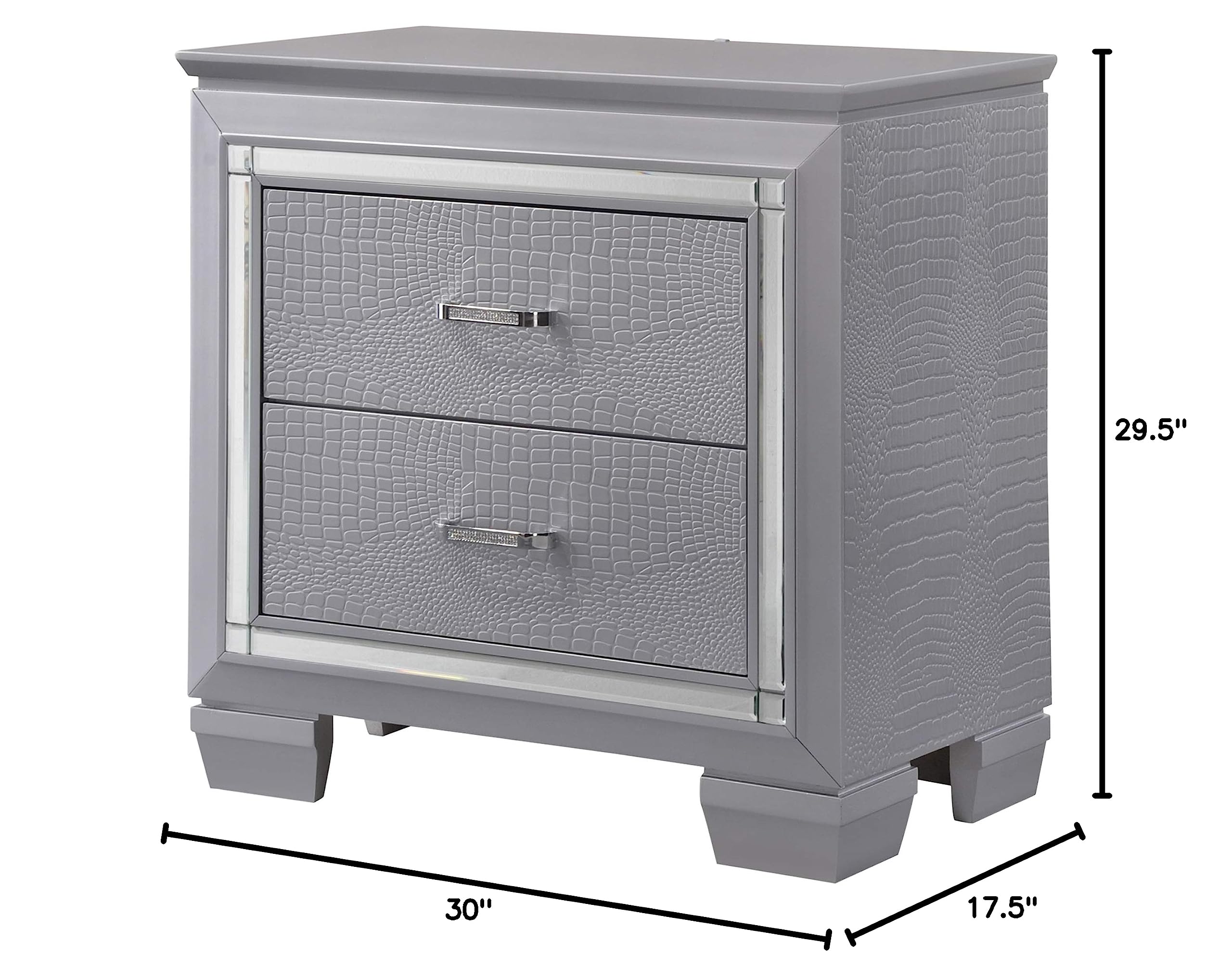 Benjara Gray Wooden Nightstand with 2 Drawers, Textured Details & Mirror Accents - Perfect for Bedroom, Living Room or Guest Room Storage & Decor