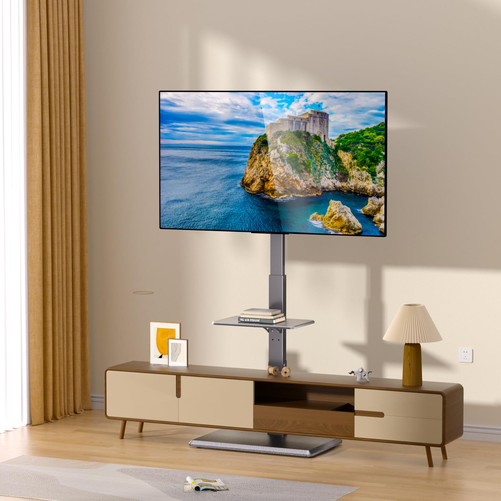 Universal TV Floor Stand for 32-75 Inch TVs up to 110 lbs - Adjustable Height & Swivel Base with Power Outlet & Removable Shelf - Sturdy TV Mount Stand for Living Room, Bedroom, Office (TCP01-2-M-A01)