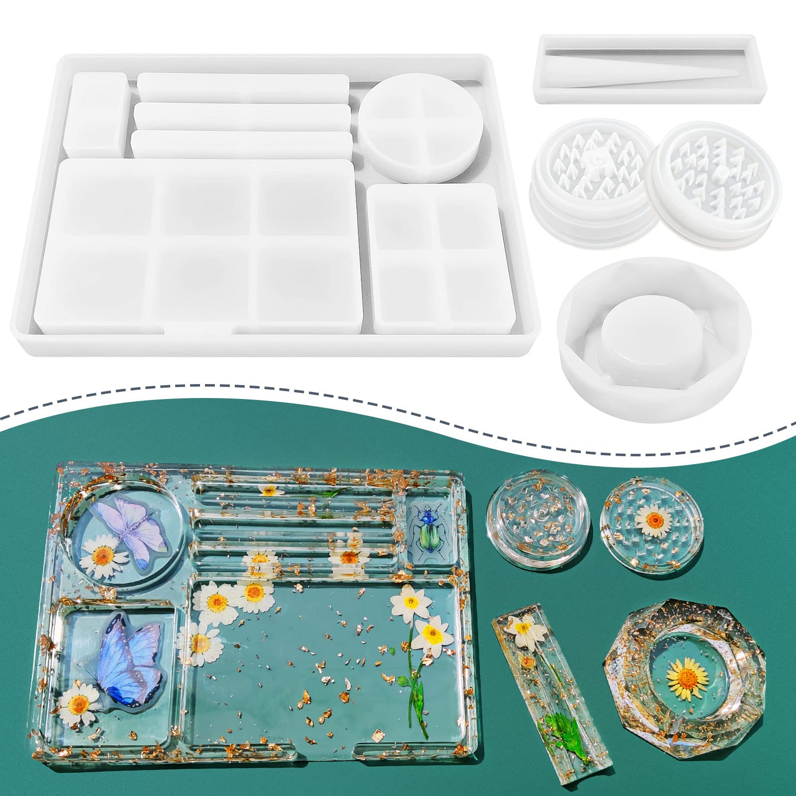 5 PCS Large Silicone Resin Tray Molds & Grinder Mold Set - DIY Epoxy Resin Craft Kit for Grinding, Storage & Art Projects - Perfect for Jewelry Making, Home Decor & Resin Art Creations