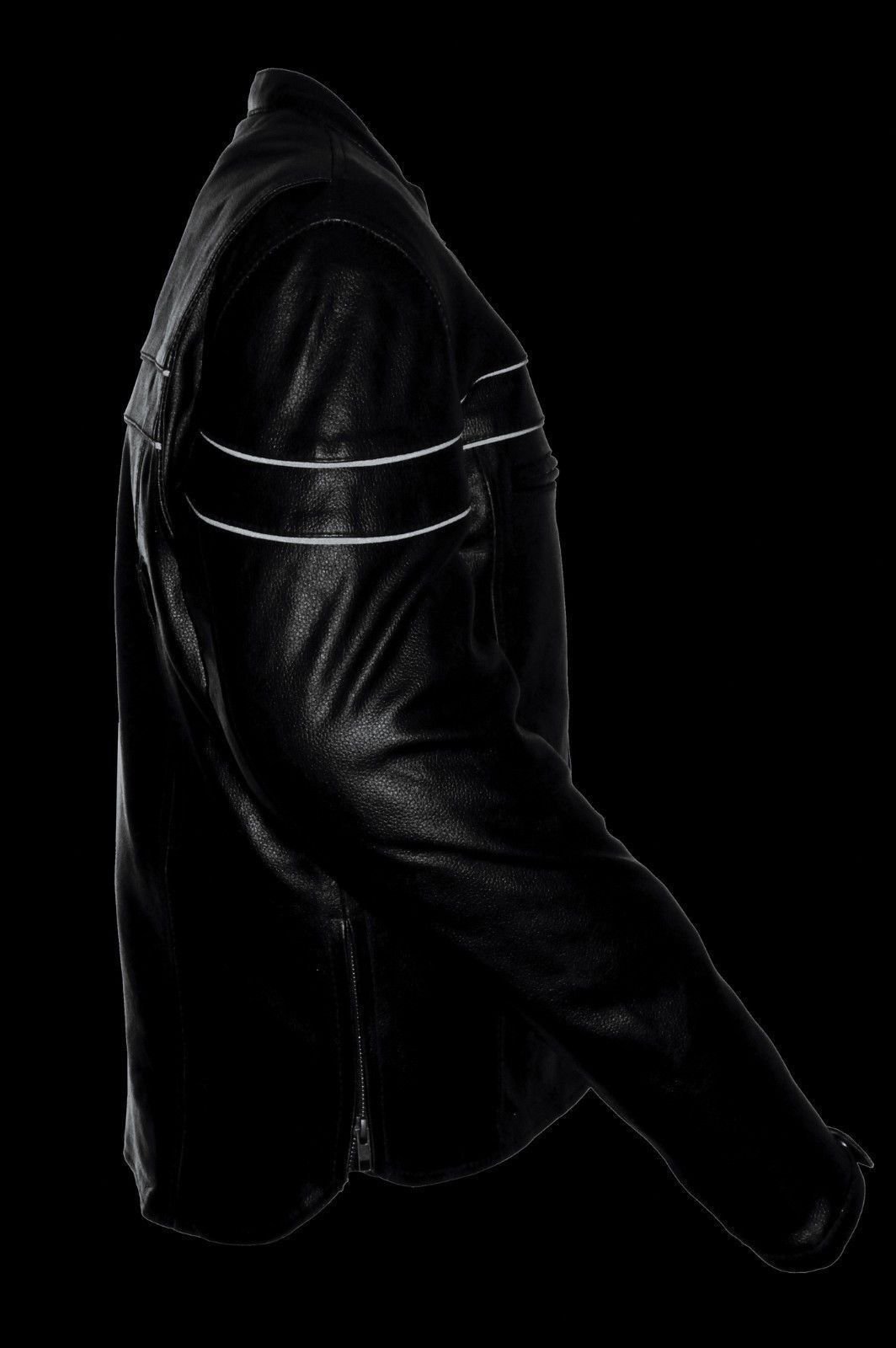 Men's Black Reflective Piping Cow Leather Motorcycle Jacket - Extra 3