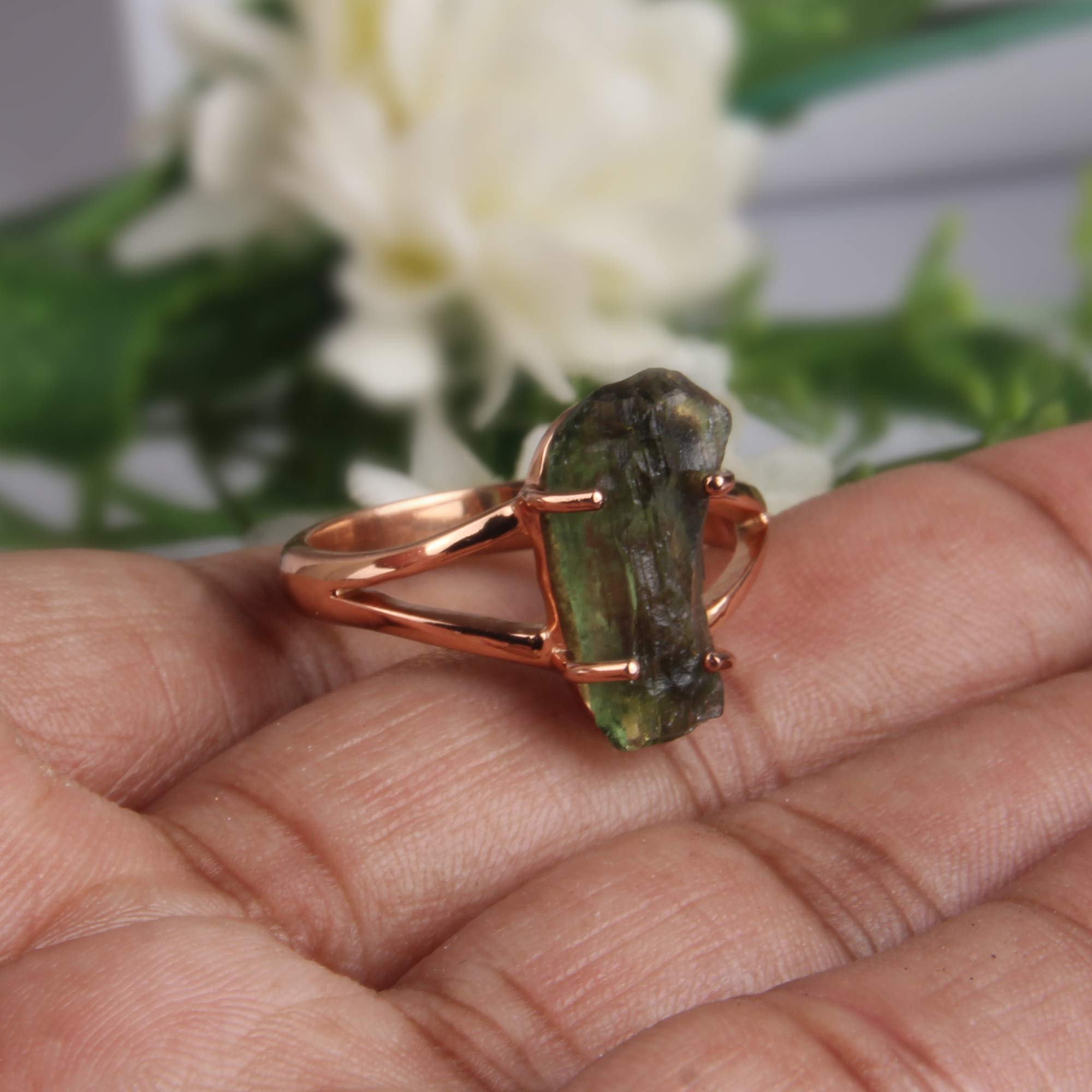 Rose Gold Plated 925 Sterling Silver Moldavite Ring - Genuine Raw Stone Spiritual Jewelry for Stacking, Engagement & Healing | Perfect for Meditation, Energy Work & Special Occasions
