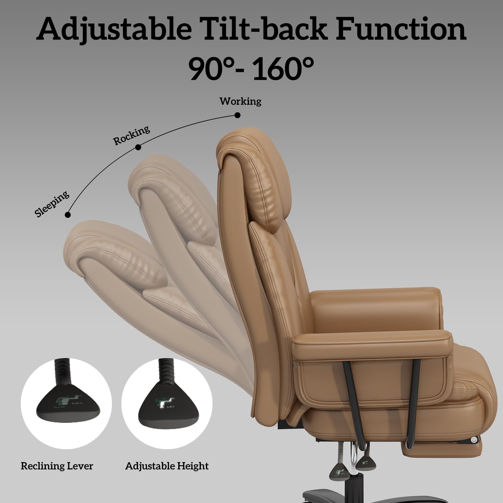 GYI Big and Tall Office Chair 400LBS Capacity - 160° Reclining High Back Executive Chair with Wide Seat, Adjustable Arms & Footrest (Brown) - Perfect for Home Office, Gaming & Workspaces