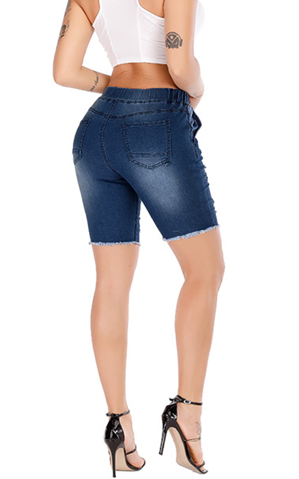 Atditama Women's Mid Rise Ripped Stretchy Bermuda Jean Shorts - Frayed Raw Hem Denim Shorts for Casual Wear | Summer Outfits, Beach Vacation, Street Style Fashion