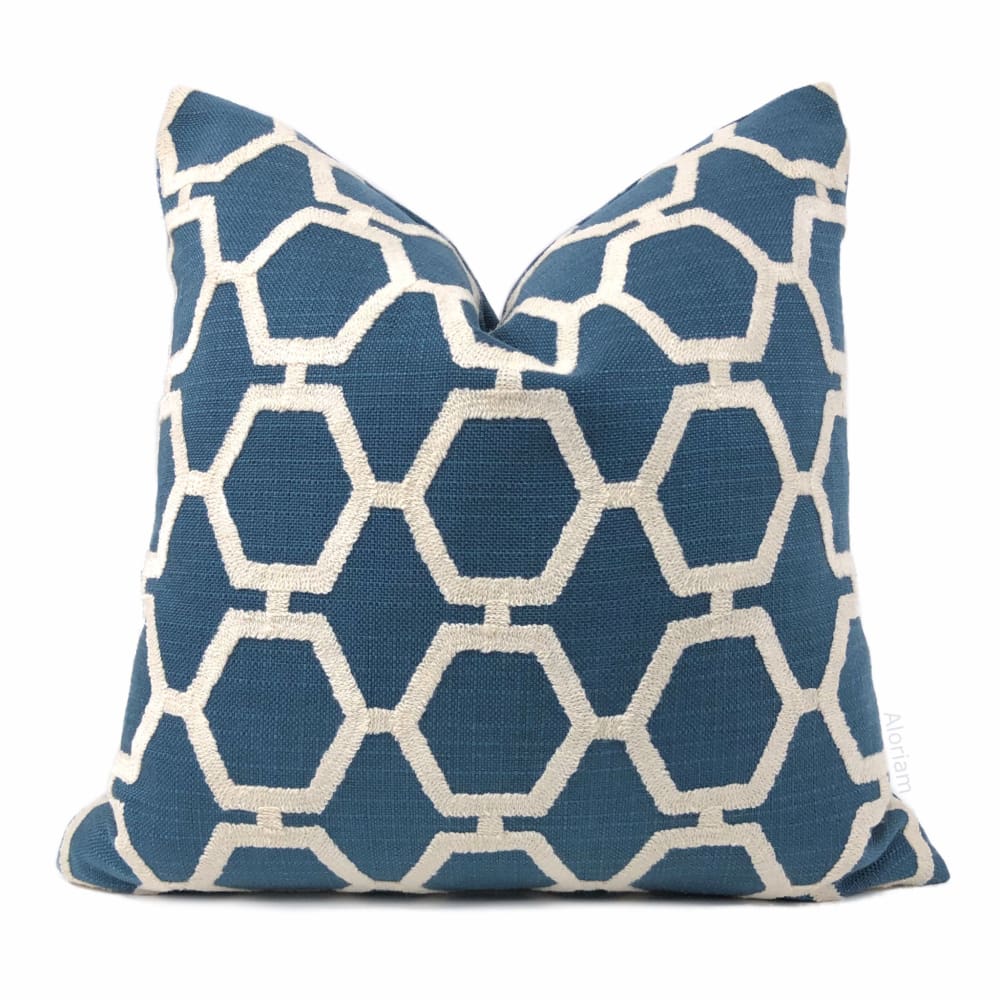 Ibsen Blue White Embroidered Hexagon Lattice Pillow Cover - Decorative Throw Pillow Case for Sofa, Bed & Home Decor (Fabric by the Yard Available) - Perfect for Living Room, Bedroom & Nursery